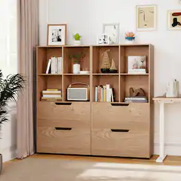 Costway - 2PCS 4-Cube Bookcase with 2 Drawers, 5-Tier Tall Freestanding Bookshelf for Study - Natural
