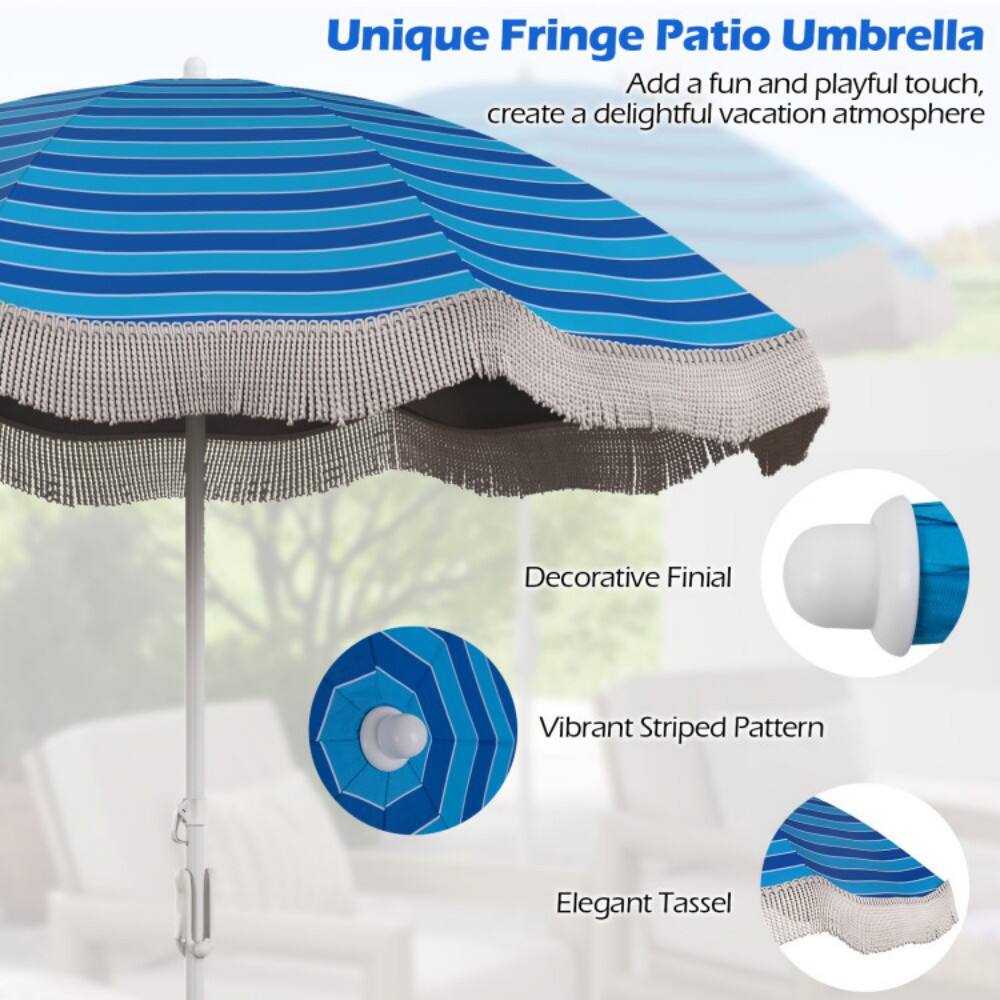 Unique Fringe Patio Umbrella  
Add a fun and playful touch, create a delightful vacation atmosphere  

- Decorative Finial  
- Vibrant Striped Pattern  
- Elegant Tassel