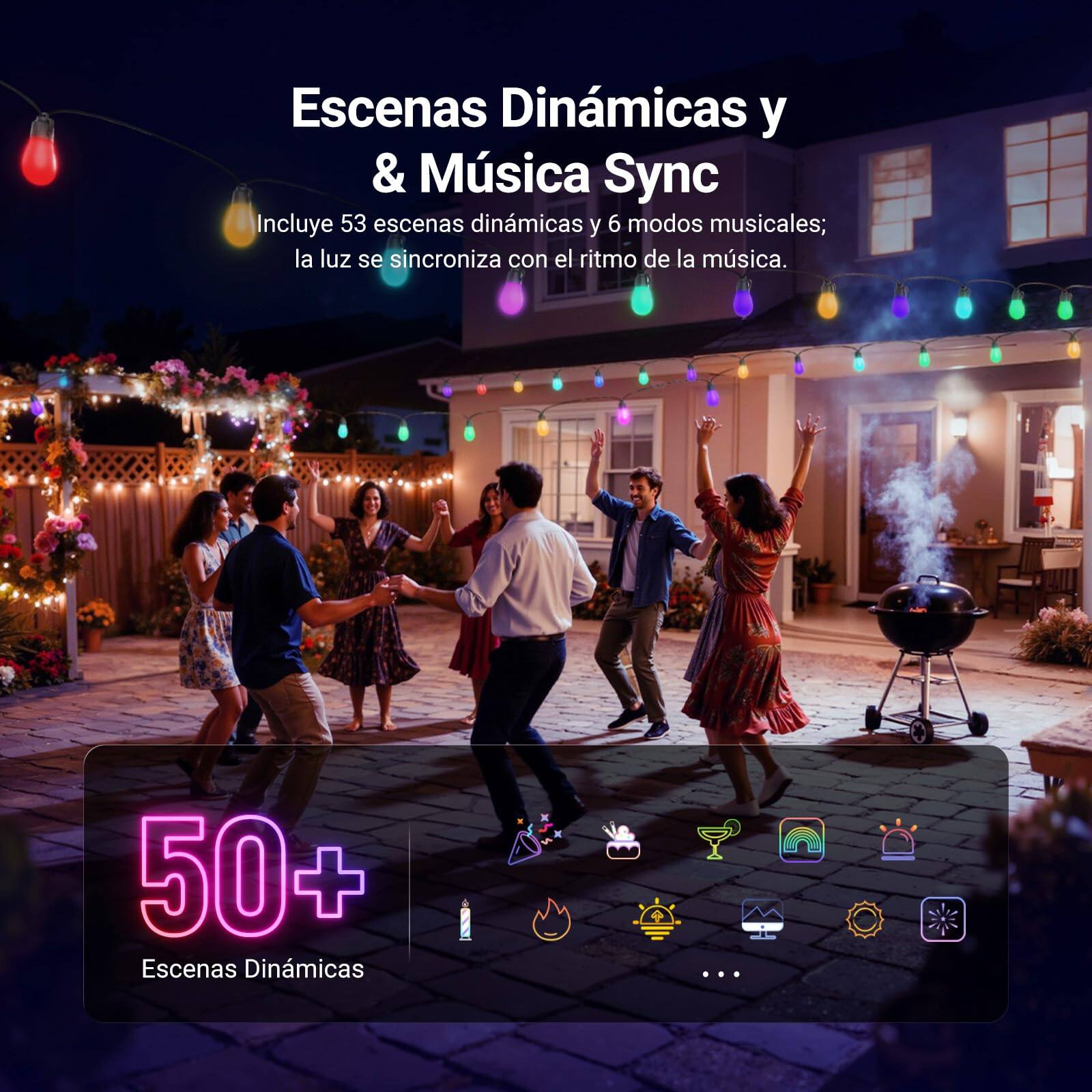 Escenas Dinámicas y & Música Sync  
Incluye 53 escenas dinámicas y 6 modos musicales; la luz se sincroniza con el ritmo de la música.  
50+ Escenas Dinámicas