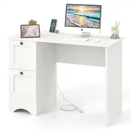Costway - 43" Home Office Desk Compact Study Writing Desk with 2 Drawers Charging Station - White