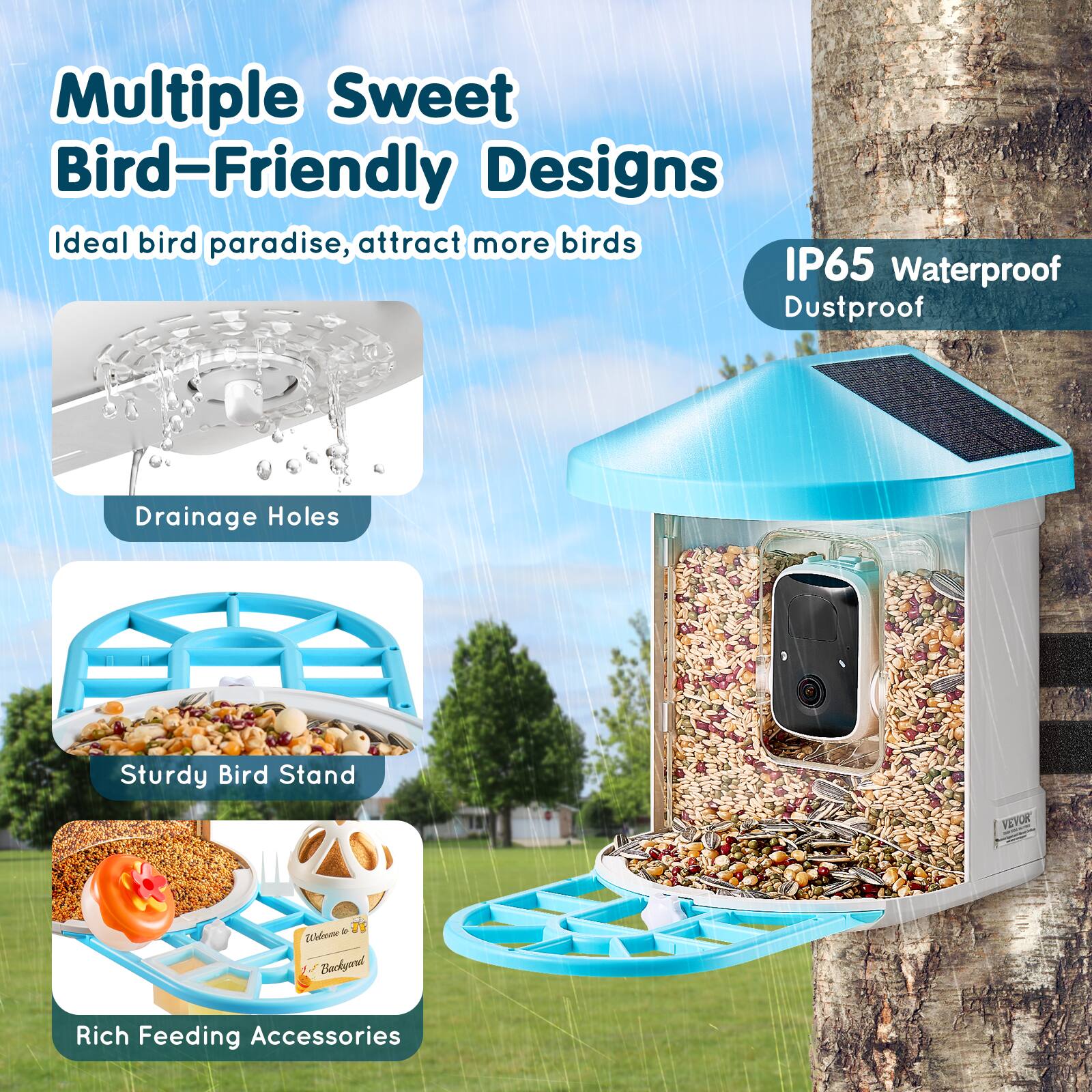 Multiple Sweet Bird-Friendly Designs  
Ideal bird paradise, attract more birds  

IP65 Waterproof Dustproof  

Drainage Holes  

Sturdy Bird Stand  

Rich Feeding Accessories