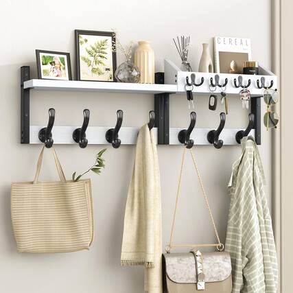 Front. Stylel Star - Evermagin 29" Coat Rack Wall Mount with Shelf - 4 in 1 Coat and Key Hanger with 11 Metal Hooks - White.