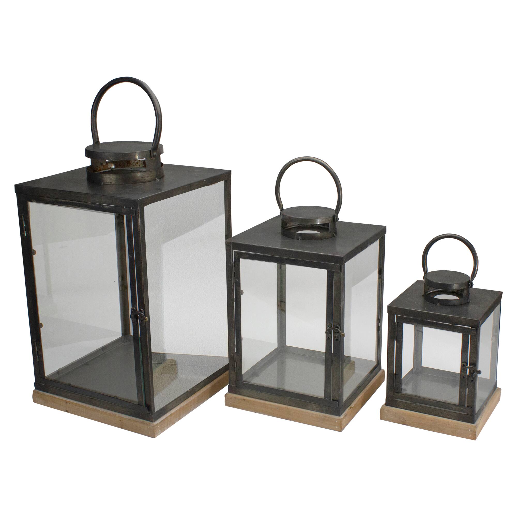 Alt View 2. Melrose - Set of 3 Bronze Glass Candle Lanterns With a Latch Hook Lock - 21" - Bronze.
