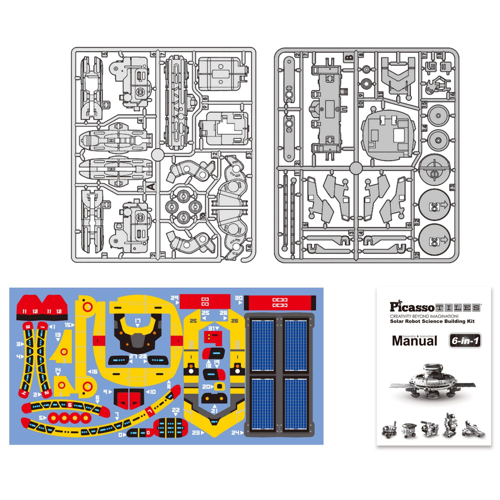 11 12 11 12 7 E 41 i 1 1 V | KE I E I I P 27 20 ! Y Y 2 E C 15 I 2 ta 4P 10 45 b - - - ! i 42 IN -- - - ..m a OF 2 Y 1 22 D 9 F 2% 25 4 2% 2 S1Y - 1 05 2 ES 24 CEJ Picasso T I - CREATIVITY REYONO MMAGINAON Solar Robot Science Building KIE - - Manual 6-in-1