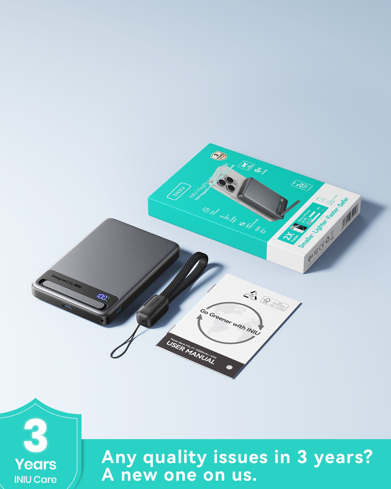 Sure, here is the corrected and grouped text:
---
**INIU Power Bank 10000mAh**
- **Go Greener with INIU**
- **USER MANUAL**
- **3 Years INIU Care**
- **Any quality issues in 3 years? A new one on us.**
**Features:**
- **2X Faster**
- **Smaller**
- **Lighter**
- **Safer**
**INIU Care:**
- **3 Years**
**INIU Power Bank 10000mAh**
---
This text is organized to reflect the information and features presented in the image.