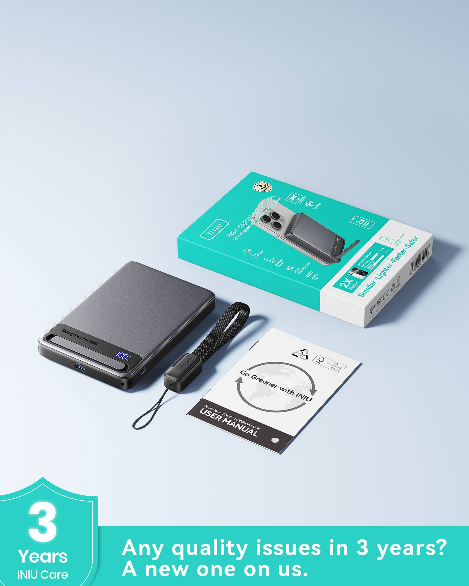 Sure, here is the corrected and grouped text:

---

**INIU Power Bank 10000mAh**

- **Go Greener with INIU**
- **USER MANUAL**
- **3 Years INIU Care**
- **Any quality issues in 3 years? A new one on us.**

**Features:**
- **2X Faster**
- **Smaller**
- **Lighter**
- **Safer**

**INIU Care:**
- **3 Years**

**INIU Power Bank 10000mAh**

---

This text is organized to reflect the information and features presented in the image.