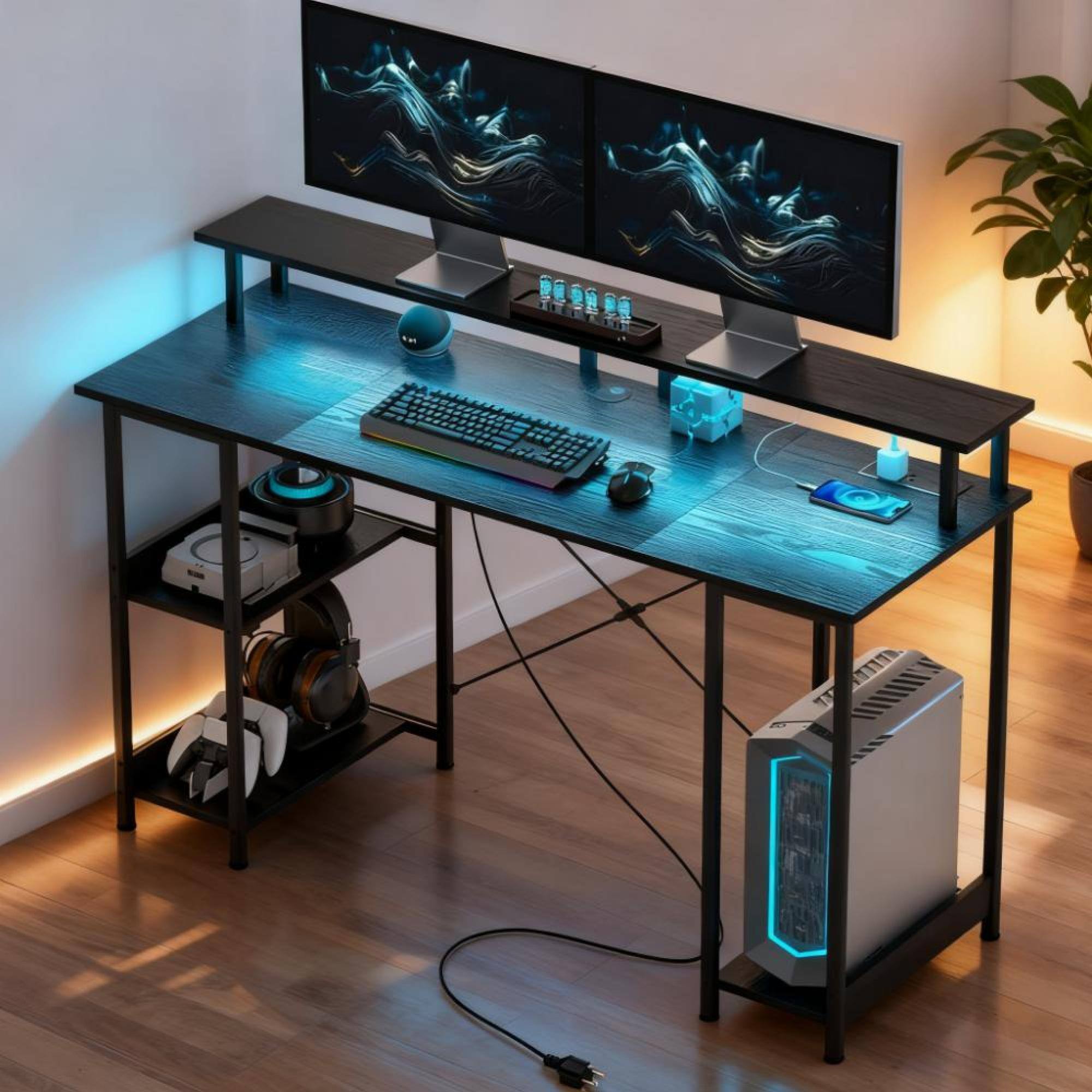 Front. GOODSILO - Reversible Computer Desk with Charging Station, LED Lighting, and Adjustable Storage Shelves for Home Office Use - Distressed Black.