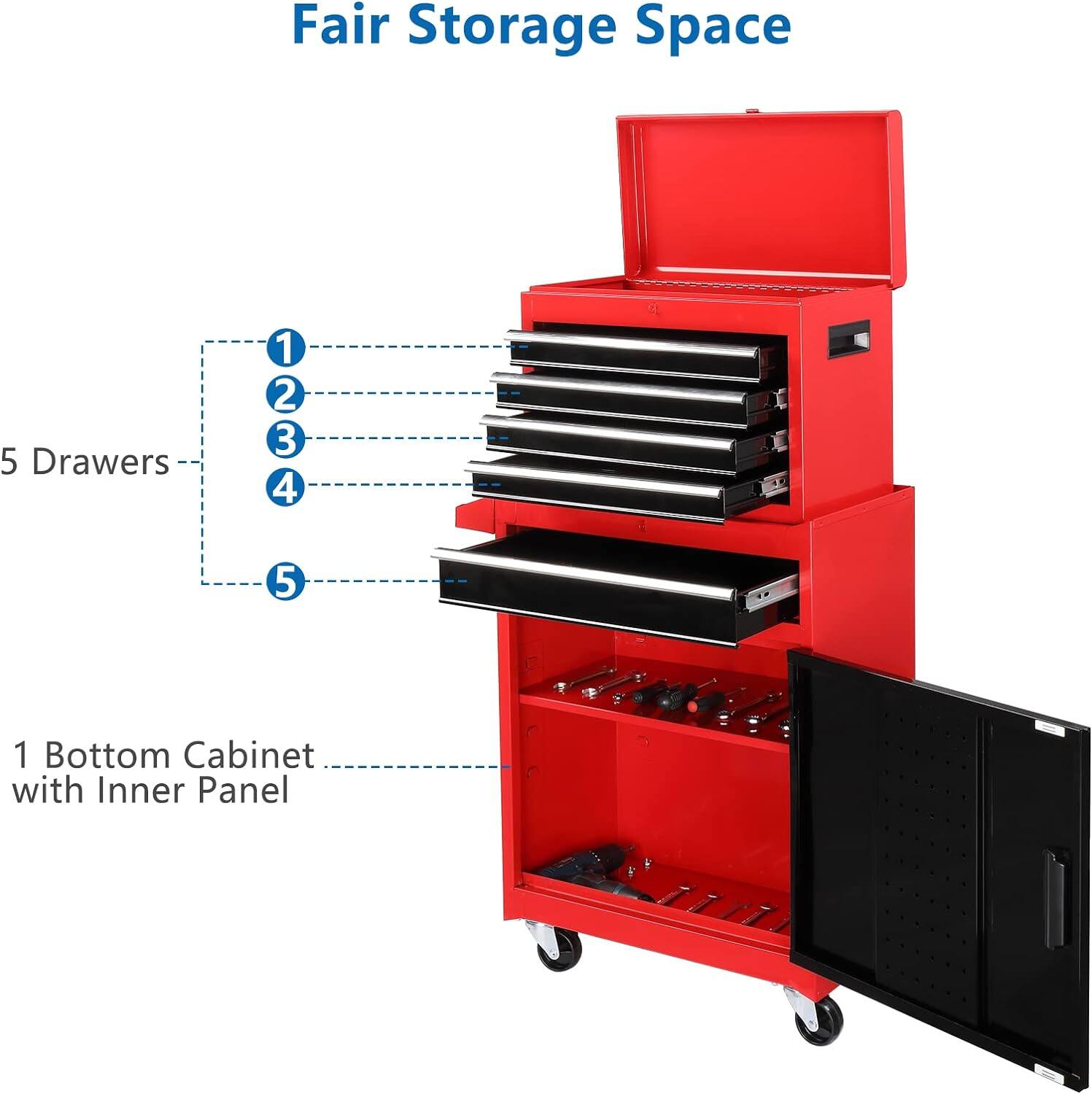 Fair Storage Space

5 Drawers
1 Bottom Cabinet with Inner Panel