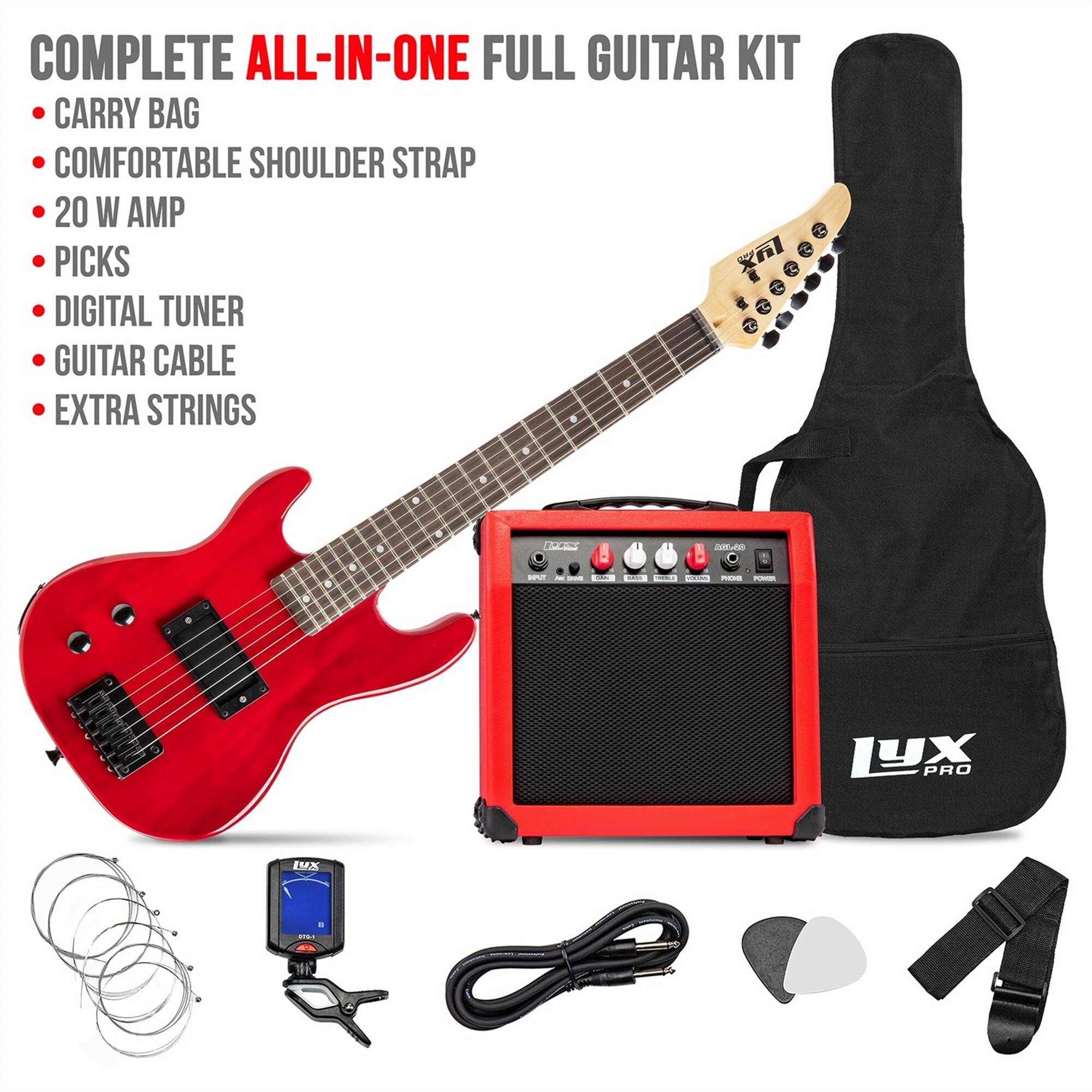 COMPLETE ALL-IN-ONE FULL GUITAR KIT  
- CARRY BAG  
- COMFORTABLE SHOULDER STRAP  
- 20 W AMP  
- PICKS  
- DIGITAL TUNER  
- GUITAR CABLE  
- EXTRA STRINGS  

LYX PRO I9X