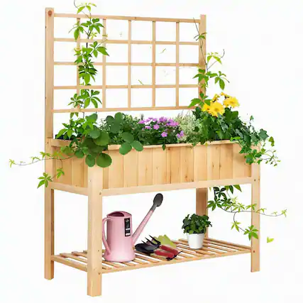 Front. RYHNUYNE - Wooden Raised Garden Bed with Stand, Elevated Planter Box with Storage Shelf for Patio, Balcony, Backyard - Natural.