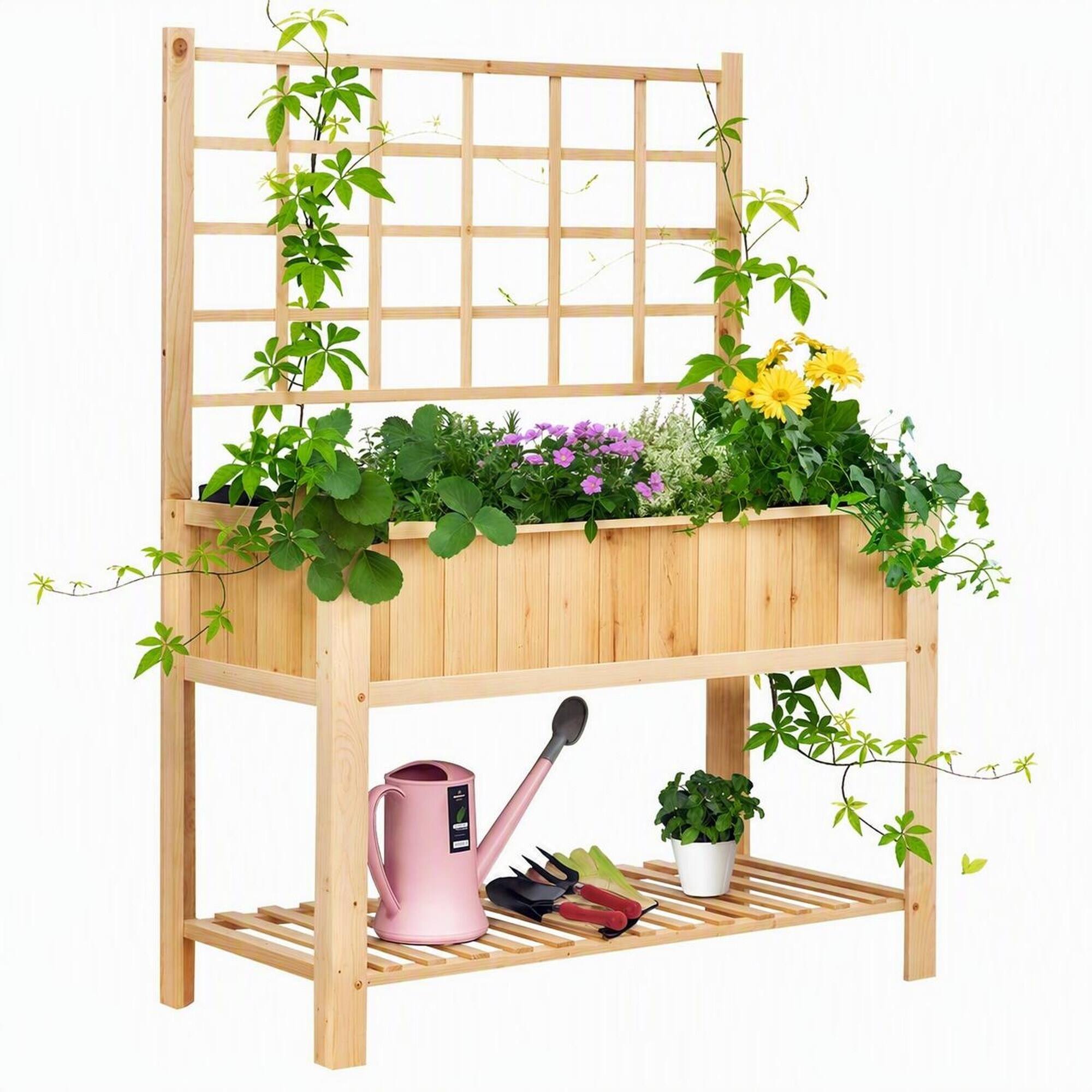 Front. RYHNUYNE - Wooden Raised Garden Bed with Stand, Elevated Planter Box with Storage Shelf for Patio, Balcony, Backyard - Natural.
