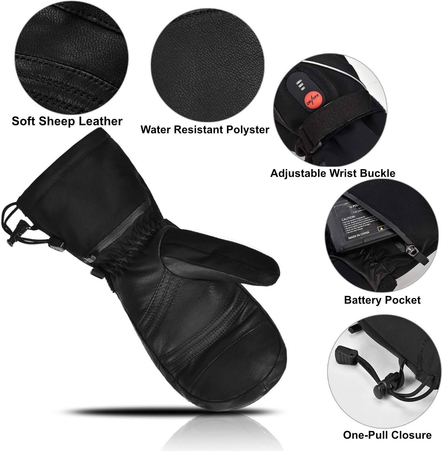 Soft Sheep Leather
Water Resistant Polyester
ON/OFF OFF 140
Adjustable Wrist Buckle
UPOL CAUTION: N CHINA MADE
Battery Pocket
One-Pull Closure