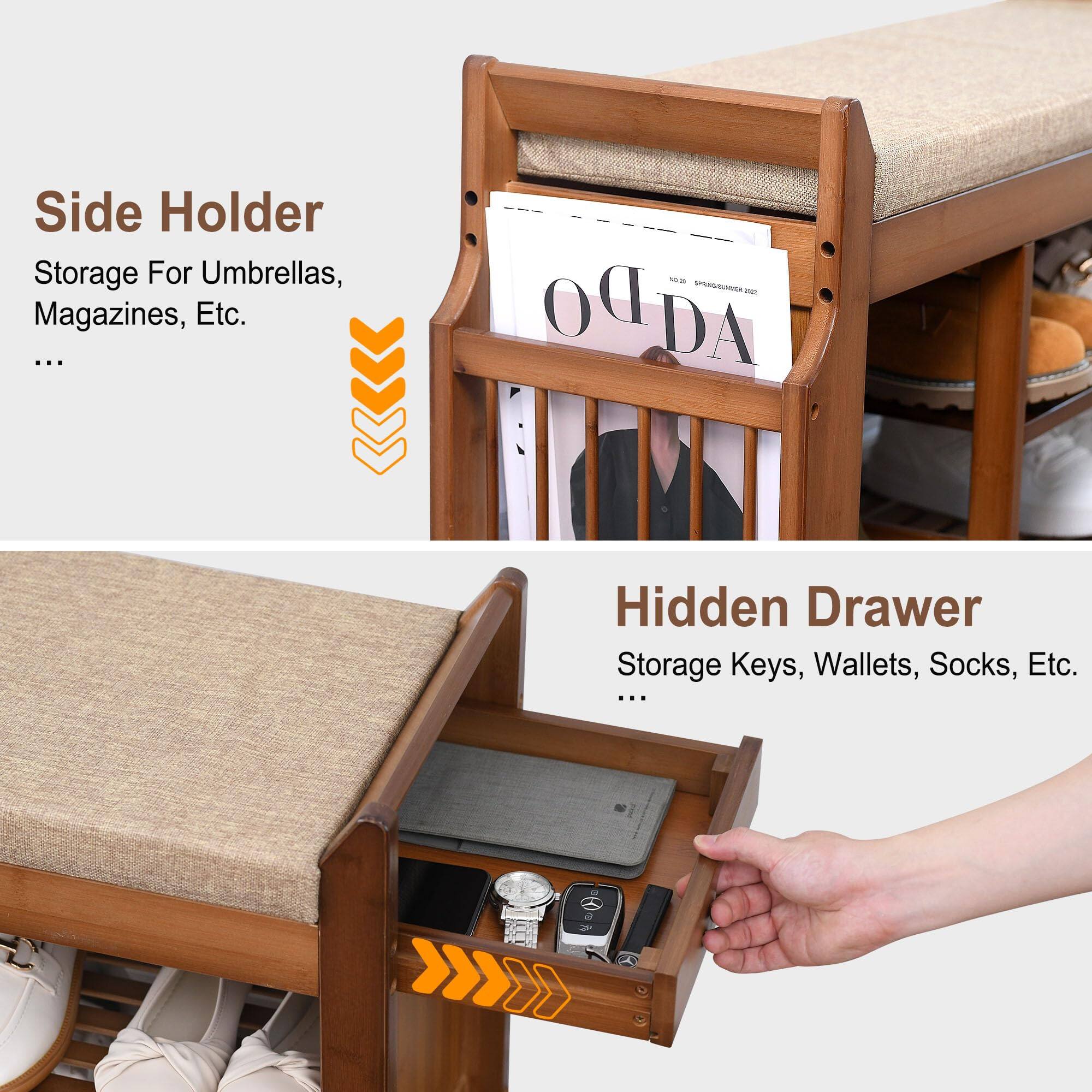 Side Holder  
Storage For Umbrellas, Magazines, Etc.  

Hidden Drawer  
Storage Keys, Wallets, Socks, Etc.