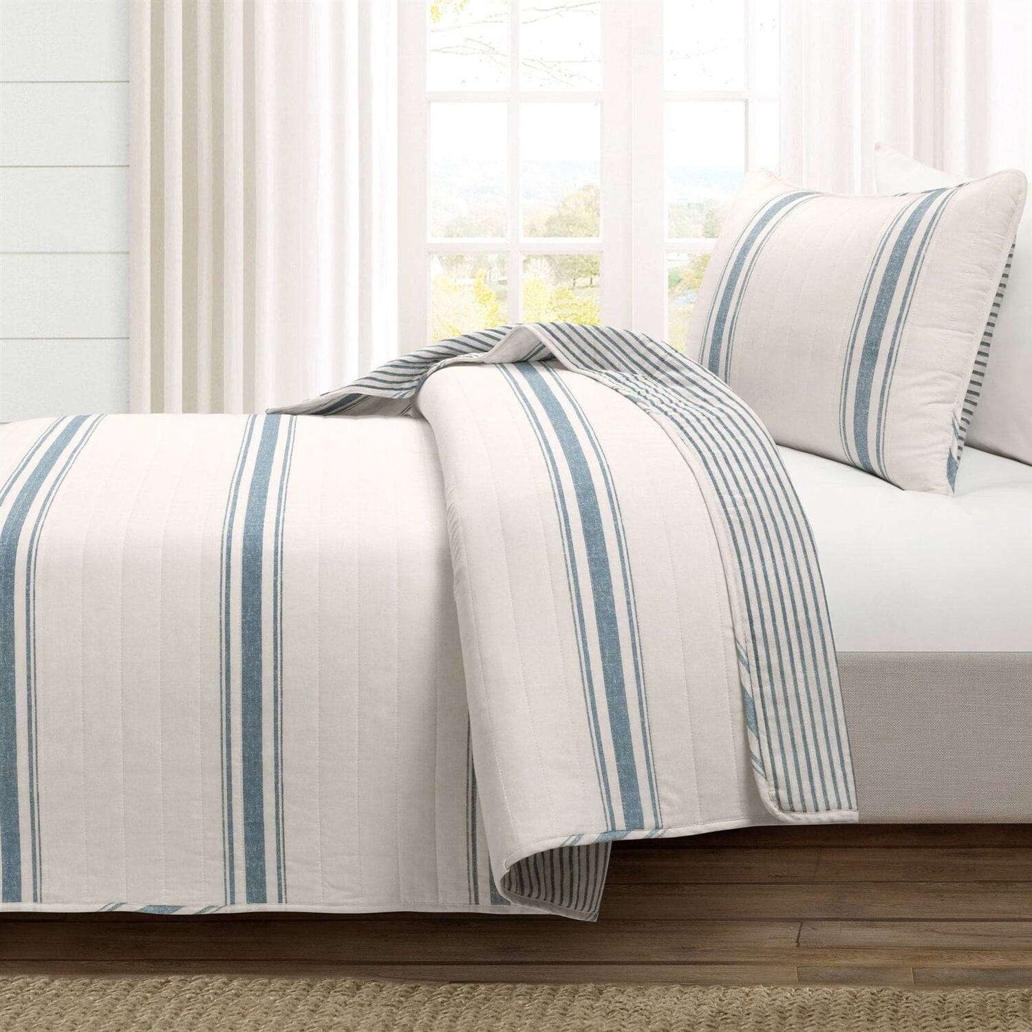 Angle. Hivvago - Twin/Twin XL Blue Off-White Stripe 2 Piece Reversible Cotton Quilt Set - Blue, Off-White.