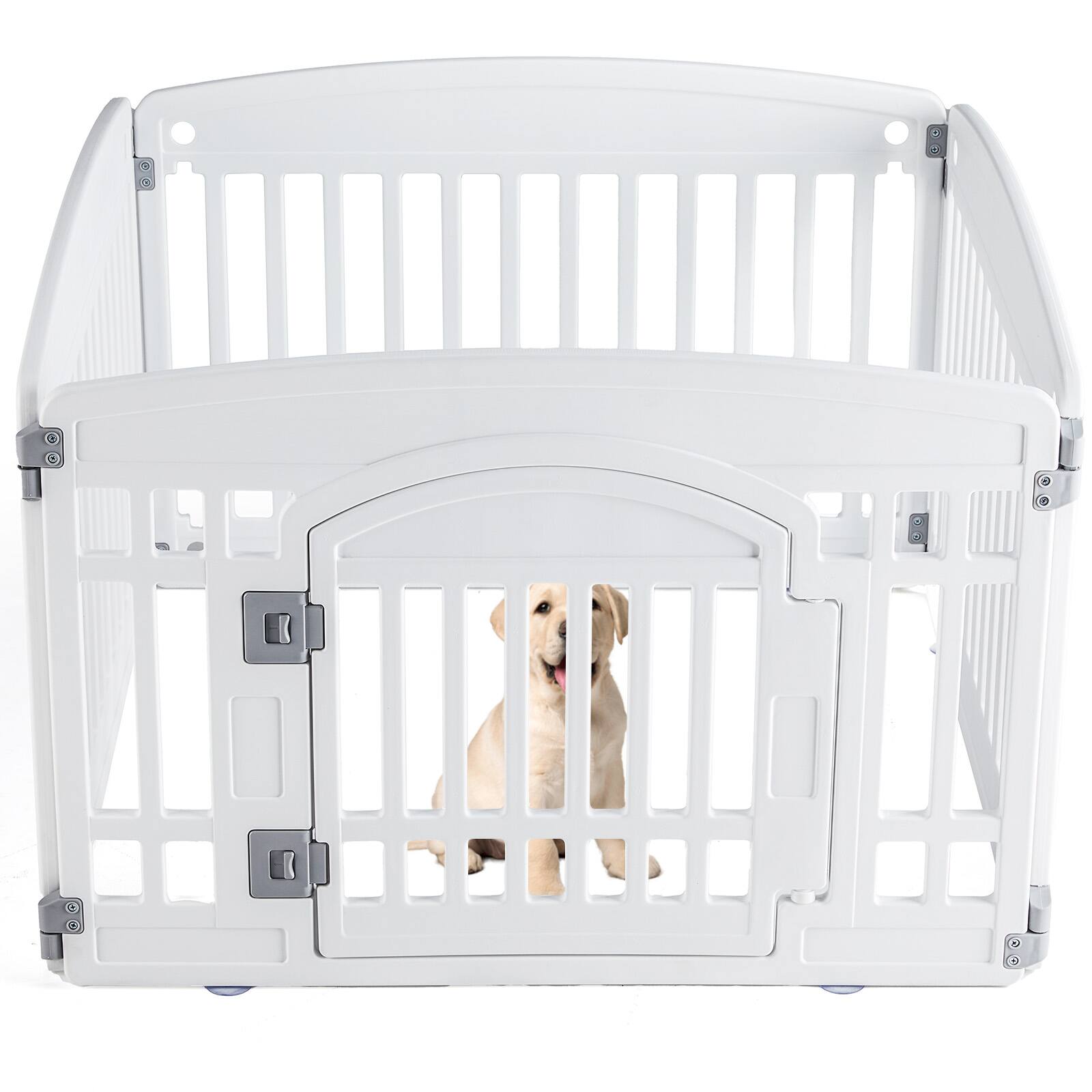 Angle. AENKYO - 4-Panel Dog Playpen with Door Indoor/Outdoor Pet Fence for Small to Medium Dogs.