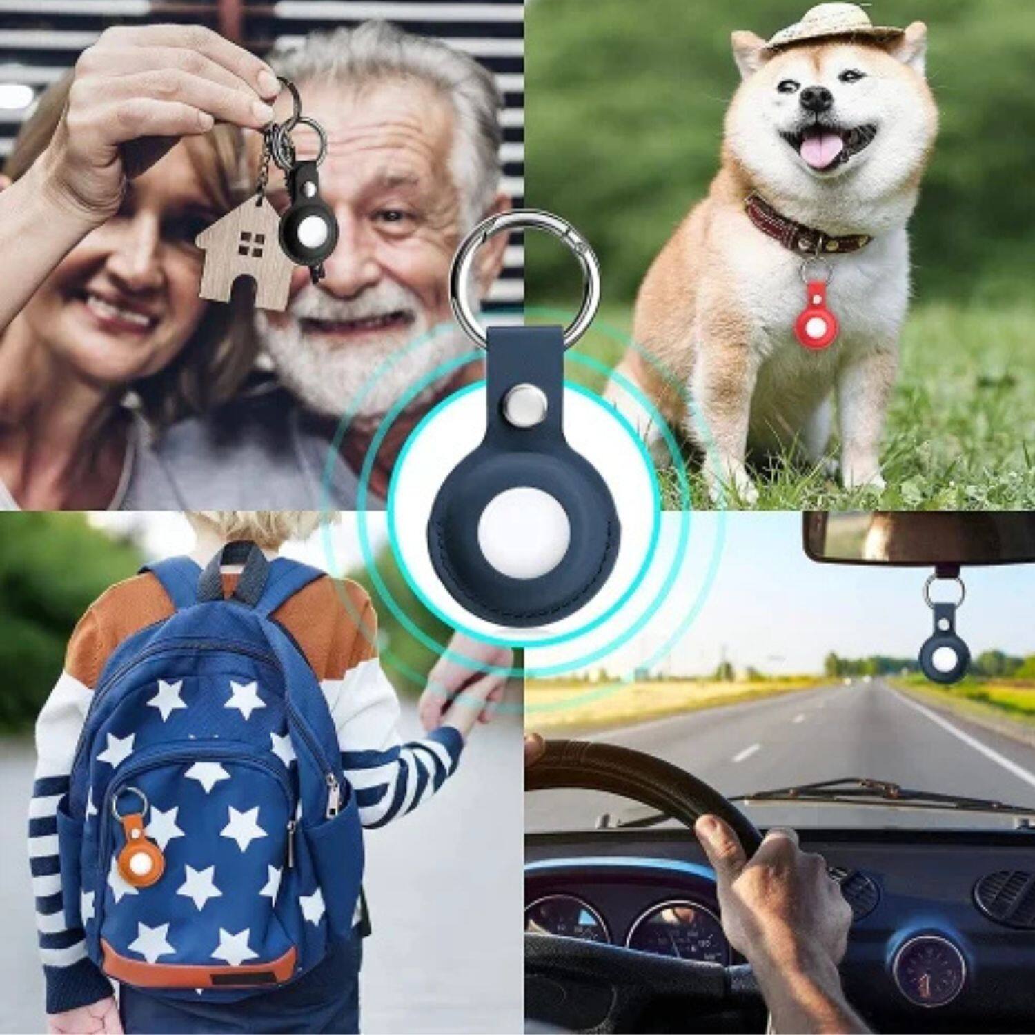 Angle. Home Collection - A-Navy Leather Case Cover with Keychain for Apple AirTag – Protective Pet Tracker Sleeve Shell Skin - Navy.