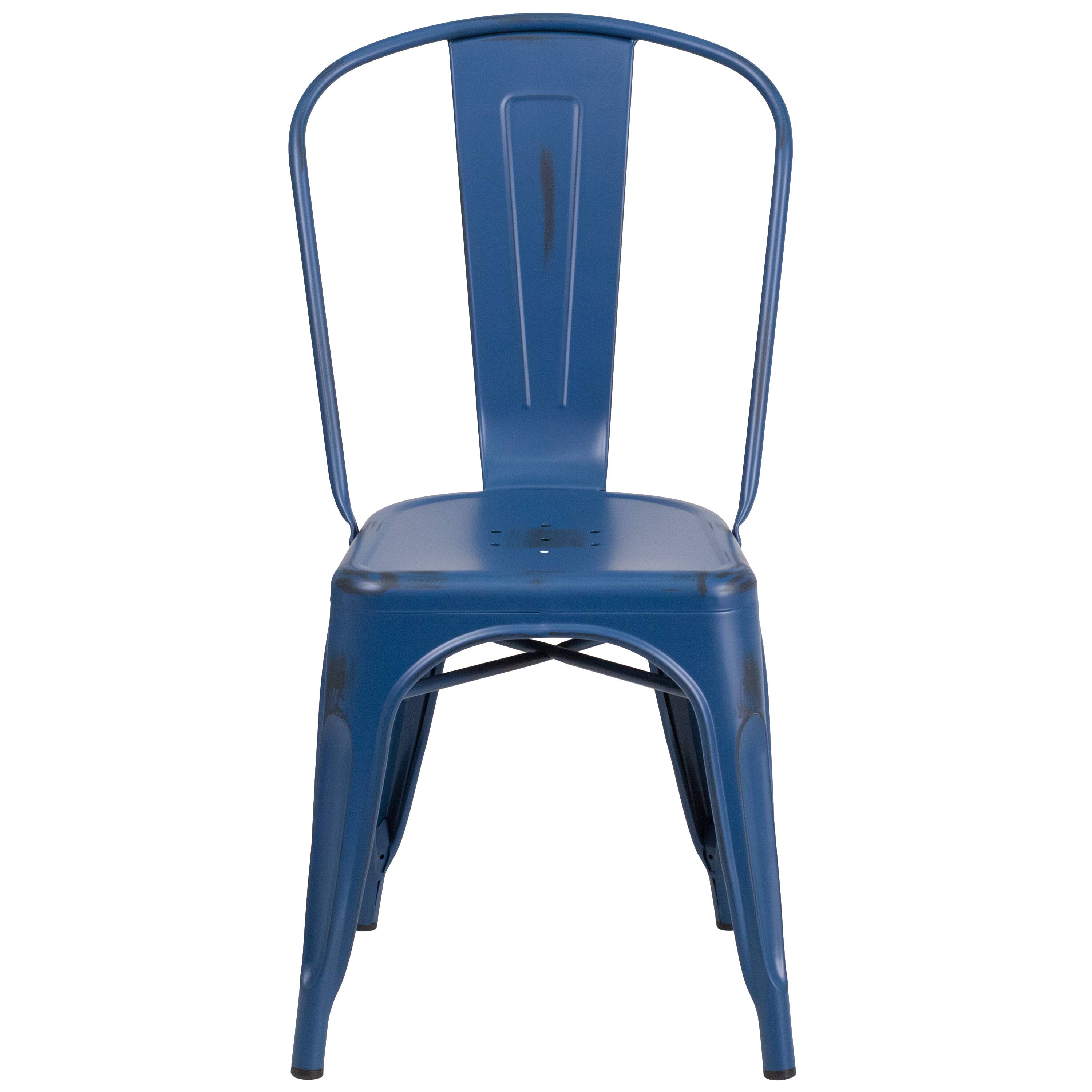 Alt View 7. Emma + Oliver - Commercial Grade 4 Pack Distressed Metal Indoor-Outdoor Stackable Chair - Antique Blue.