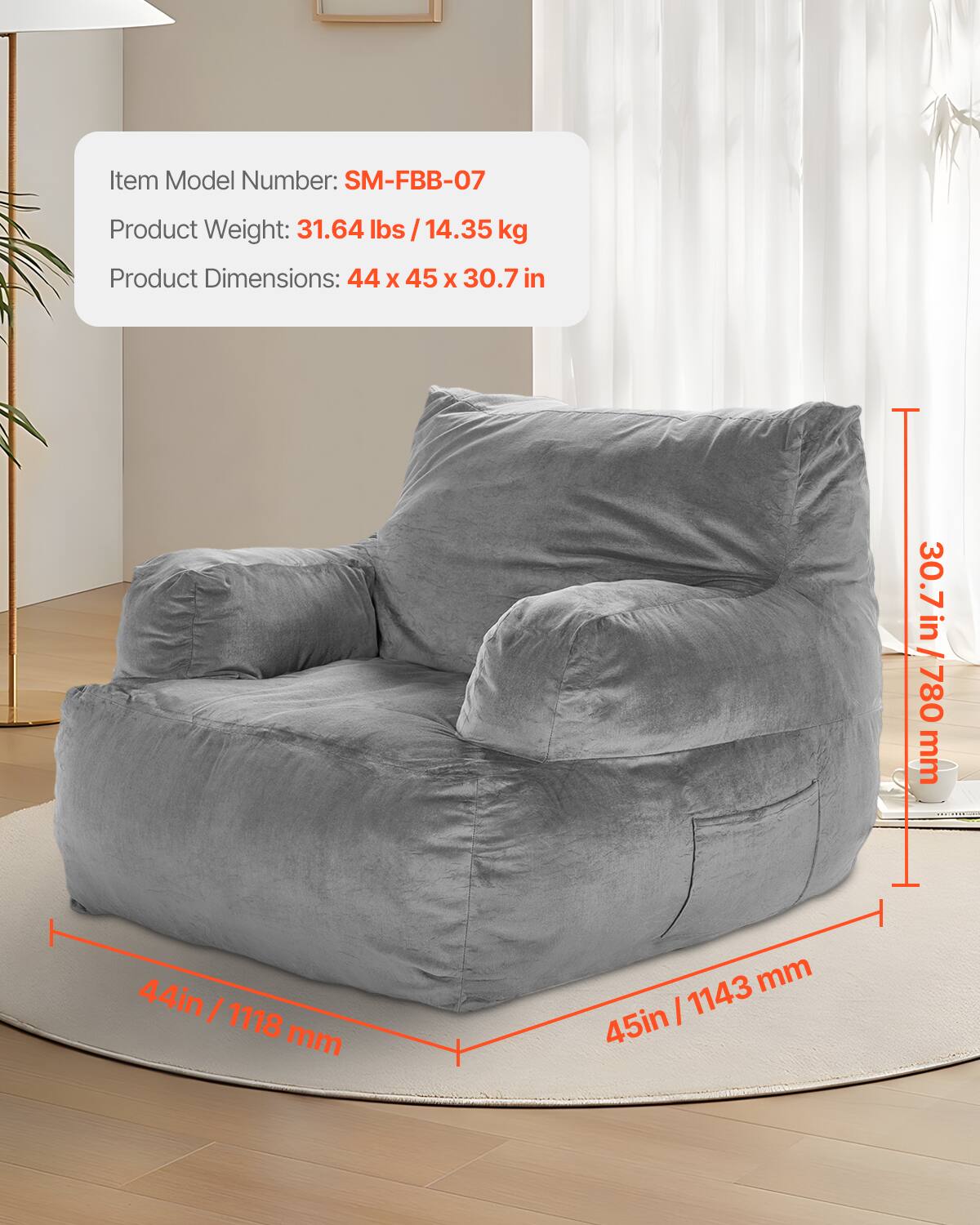 Item Model Number: SM-FBB-07  
Product Weight: 31.64 lbs / 14.35 kg  
Product Dimensions: 44 x 45 x 30.7 in  
44 in / 1118 mm  
45 in / 1143 mm  
30.7 in / 780 mm