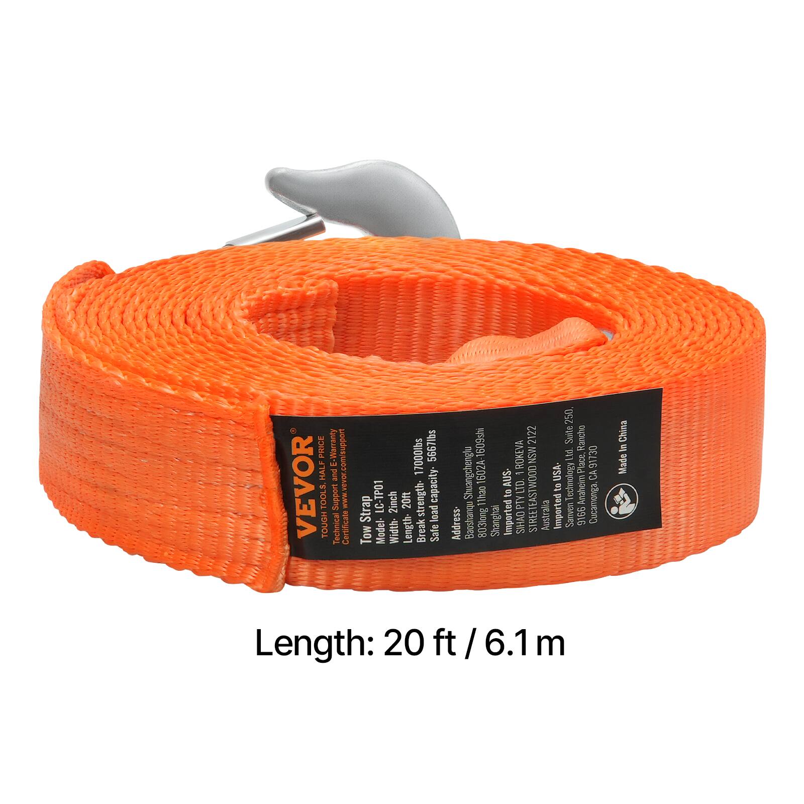 **VEVOR TOOLS**

- **Warranty:** w.vevor.com/support
- **Technical Specifications:**
  - **Strength Capacity:** 17000lbs / 5667lbs
  - **Model:** LC-TPO1
  - **Length:** 20ft / 6.1m
  - **Width:** 2inch
  - **Load Length:** 20ft / 6.1m
  - **Break Safe:** 250
  - **Load Strength:** 1609kN
  - **Suite:** Rancho
  - **Width:** 2inch

**Address:**
- **Baoshanqu:** 803kong, Shanghai, China
- **Imported by:** SIHAO Australia
- **Place:** Anaheim, CA 91730, USA
- **Address:** Cucamonga, CA
- **Suite:** 2122
- **Rancho:** ROKEVA NSW U1d
- **Shuangchengfu:** 1602A

**Made in China**