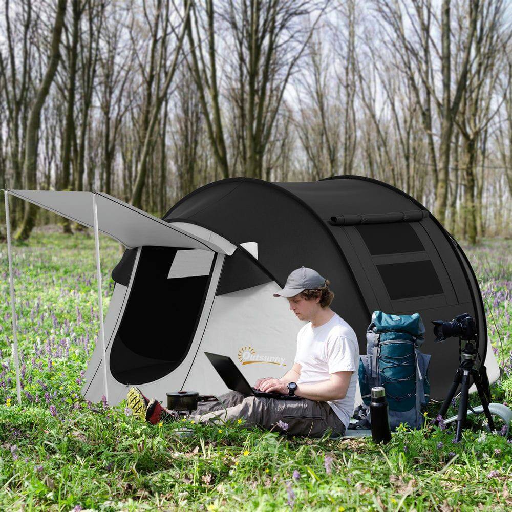 Front. Resenkos - 2-3 Person Pop Up Tent with Porch and Carry Bag, 3000mm Waterproof, for Camping, Hiking, Black, Durable for Outdoor Use - Black.