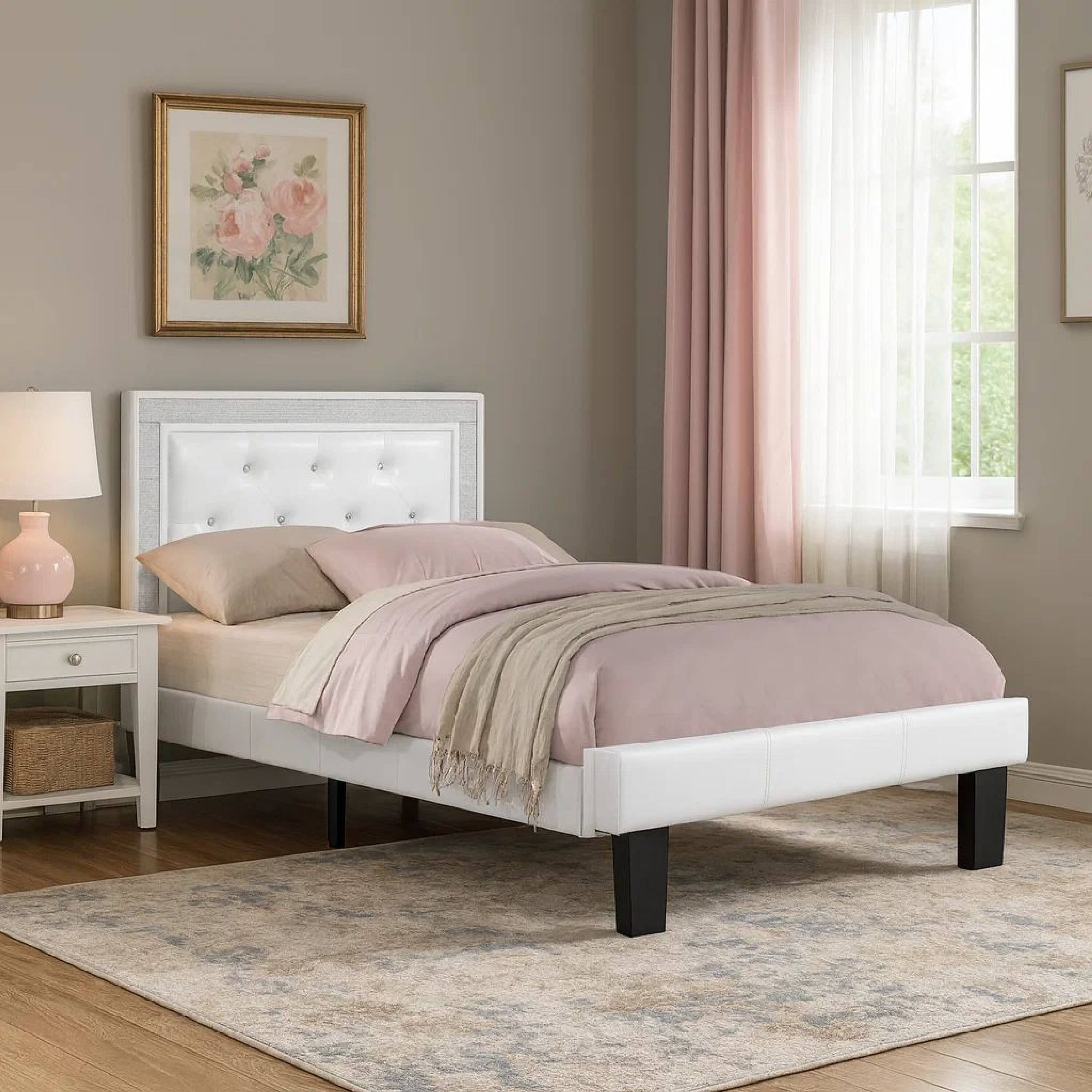 Alt View 5. Manhattan Lane - Mannie Twin Bed with Silver Trim, White Button Tufted Faux-Leather - White, Espresso Brown.