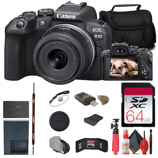 Bundle - Canon - EOS R10 Mirrorless Camera W/ 18-45mm Lens + 64GB Memory Card + Bag + More