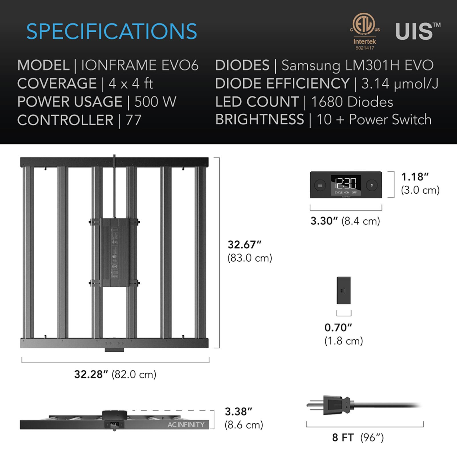 SPECIFICATIONS  
MODEL | IONFRAME EVO6  
COVERAGE | 4 x 4 ft  
POWER USAGE | 500 W  
CONTROLLER | 77  

DIODES | Samsung LM301H EVO  
DIODE EFFICIENCY | 3.14 µmol/J  
LED COUNT | 1680 Diodes  
BRIGHTNESS | 10 + Power Switch  

1.18" (3.0 cm)  
3.30" (8.4 cm)  
32.67" (83.0 cm)  
0.70" (1.8 cm)  
32.28" (82.0 cm)  
3.38" (8.6 cm)  
8 FT (96")