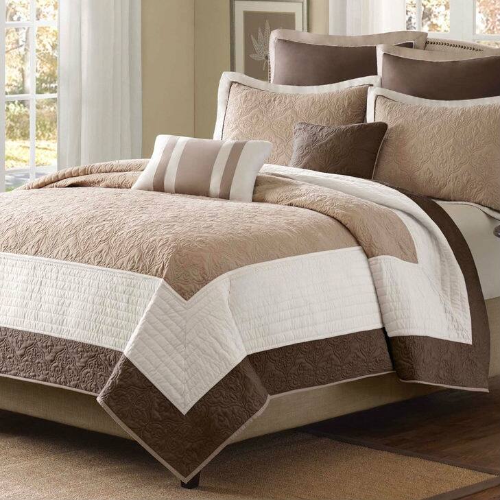Angle. Hivvago - Full / Queen Brown Ivory Tan Cream 7 Piece Quilt Coverlet Bedspread Set - Brown, Ivory, Tan, Cream.