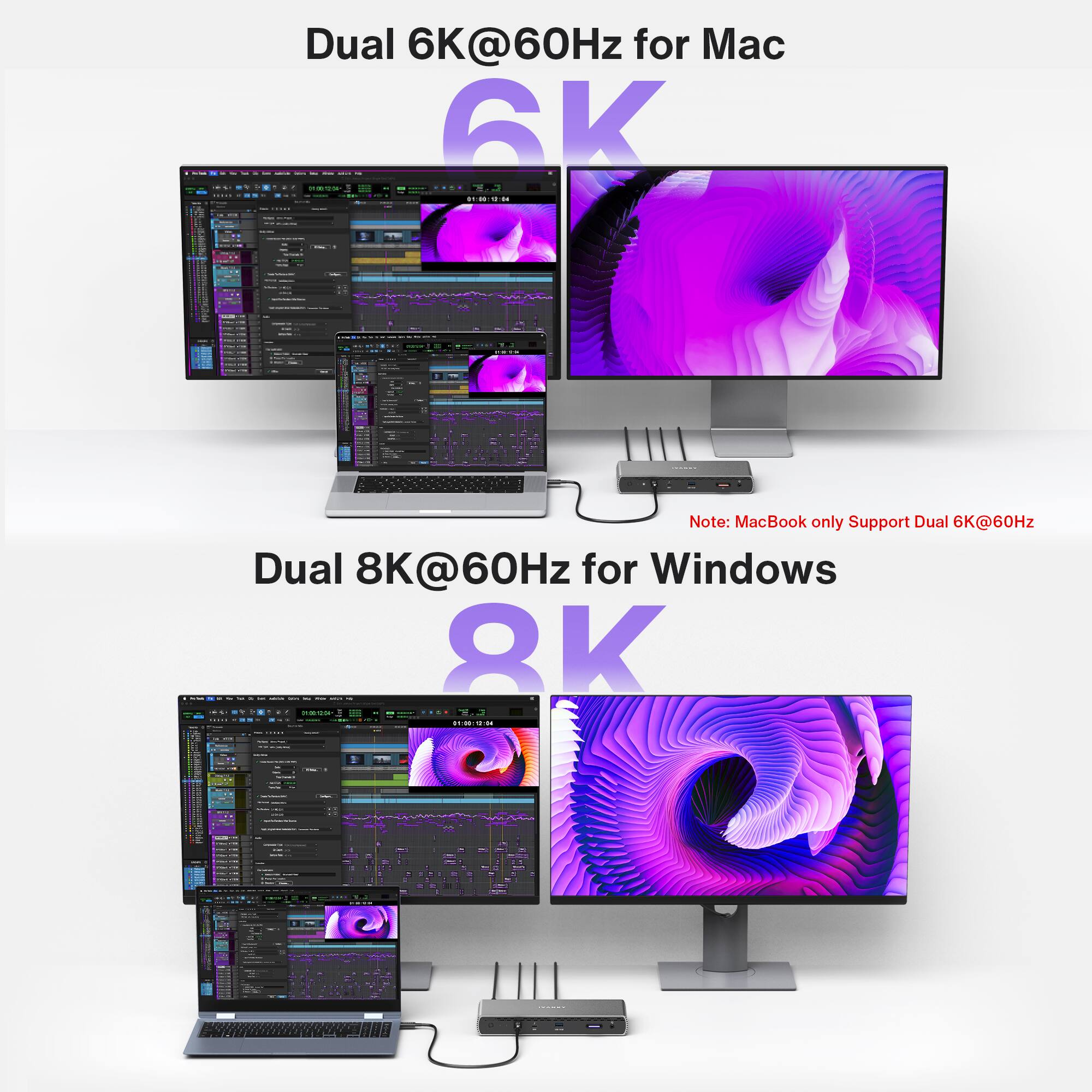 I Dual 6K@60Hz for Mac 6K | Note: MacBook only Support Dual 6K@60Hz | Dual 8K@60Hz for Windows 8K