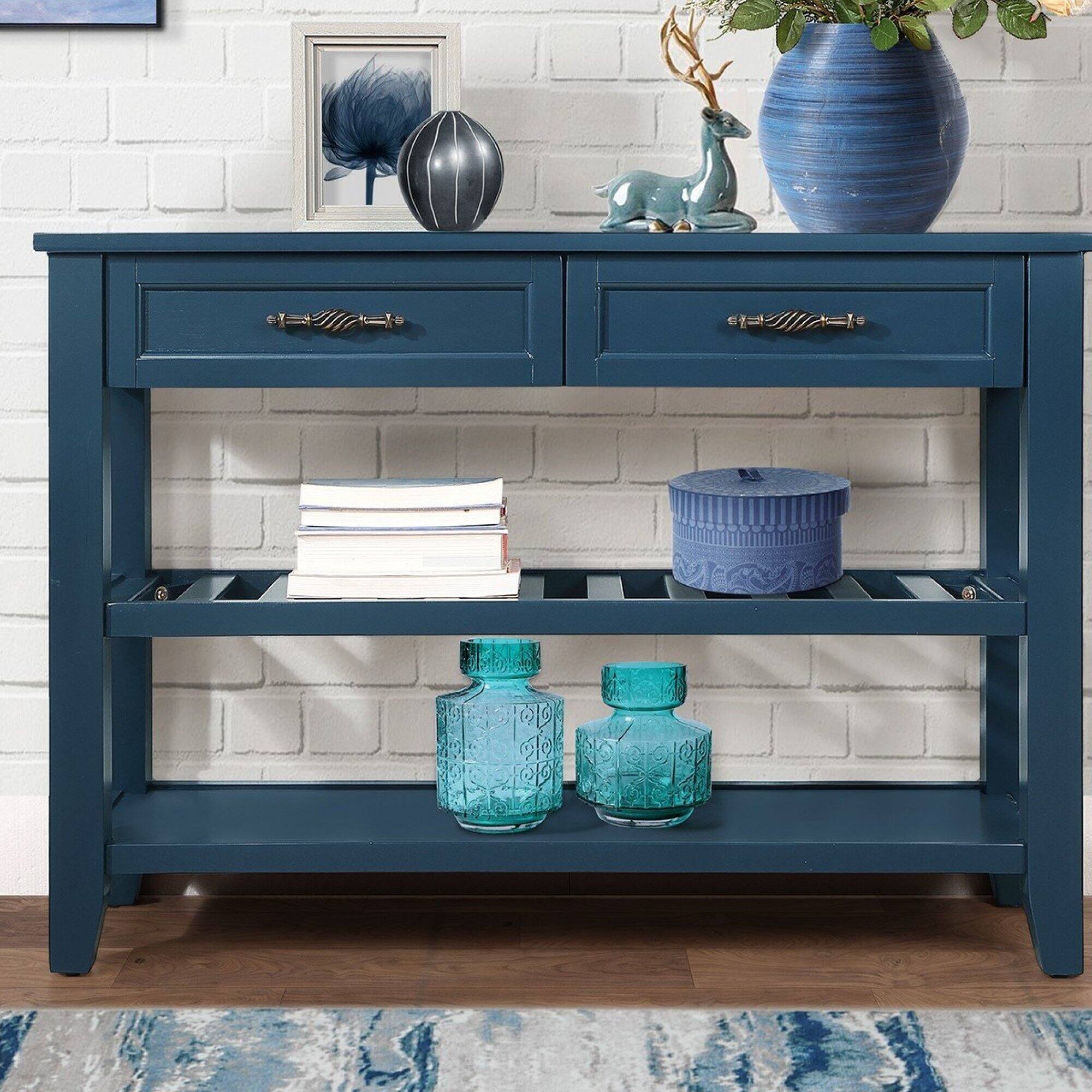Alt View 9. GOODSILO - Mid-Century Solid Wood Console Table with Storage Drawers and Shelves for Living Room, Dining Room, or Entryway - Navy Blue.
