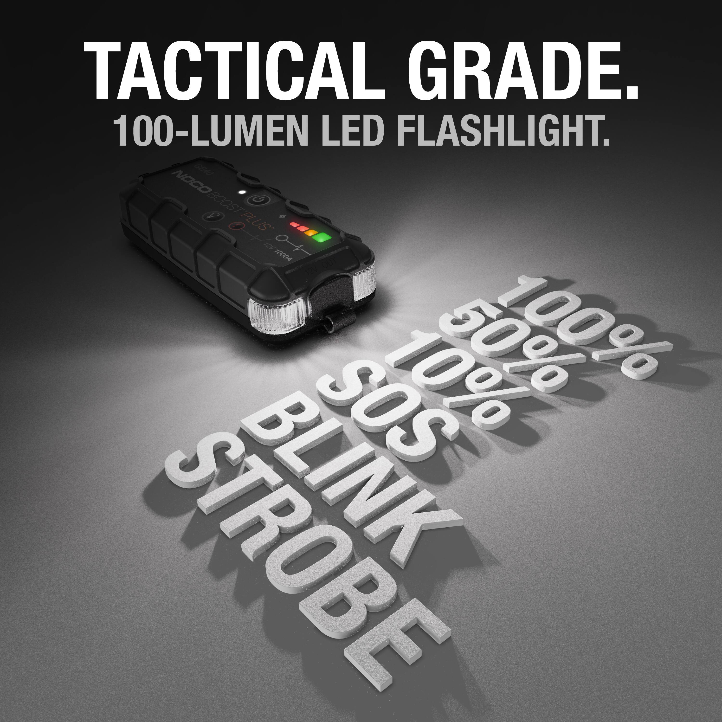 TACTICAL GRADE.  
100-LUMEN LED FLASHLIGHT.  

100%  
50%  
10%  
BLINK SOS  
STROBE