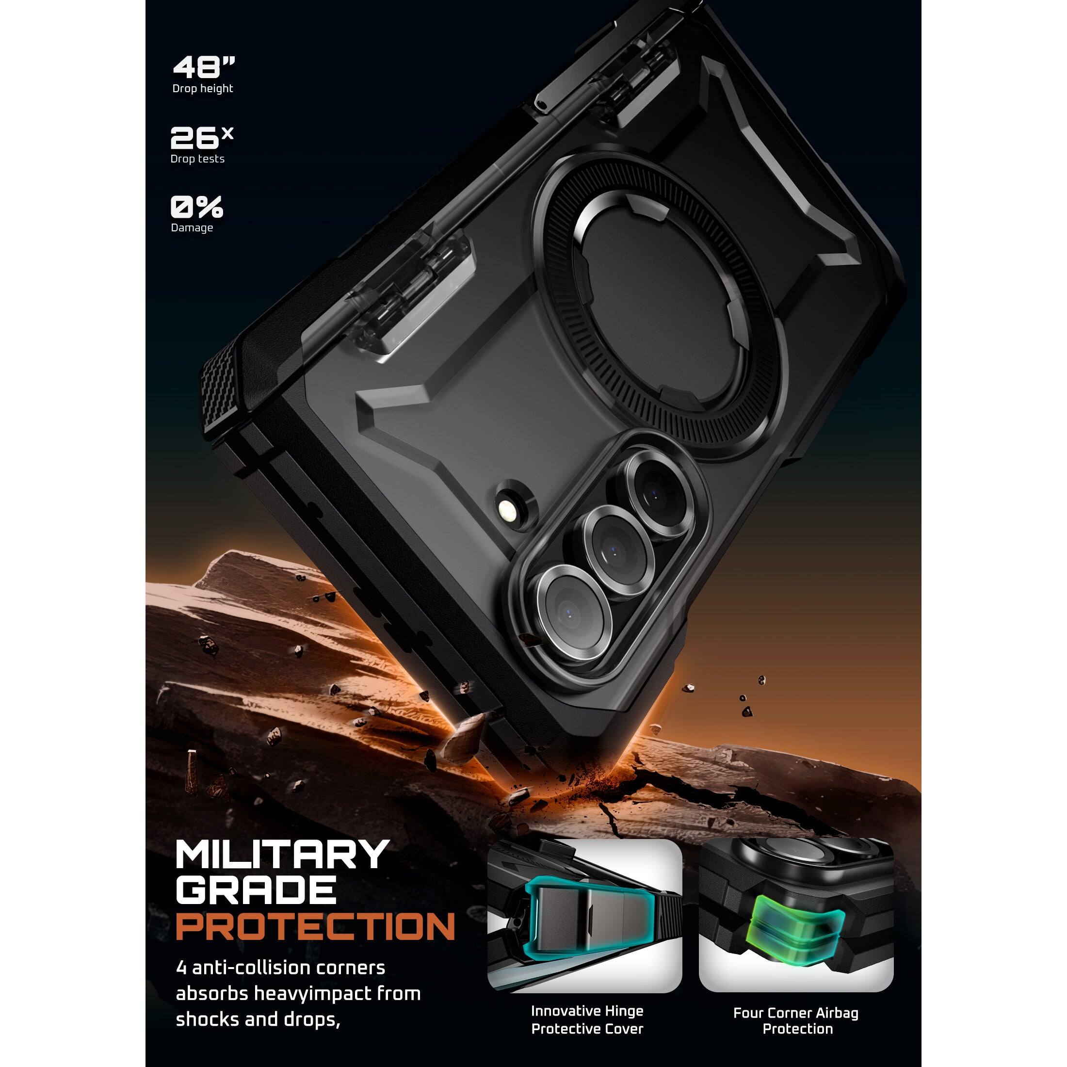 48" Drop height, 26x Drop tests, 0% Damage, MILITARY GRADE PROTECTION, 4 anti-collision corners absorbs heavy impact from shocks and drops, Innovative Hinge Protective Cover, Four Corner Airbag Protection