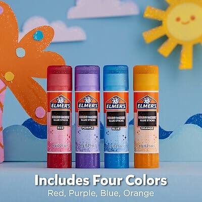 ELMER'S COLORING GLUE STICKS  
RED  
PURPLE  
BLUE  
ORANGE  

Includes Four Colors  
Red, Purple, Blue, Orange