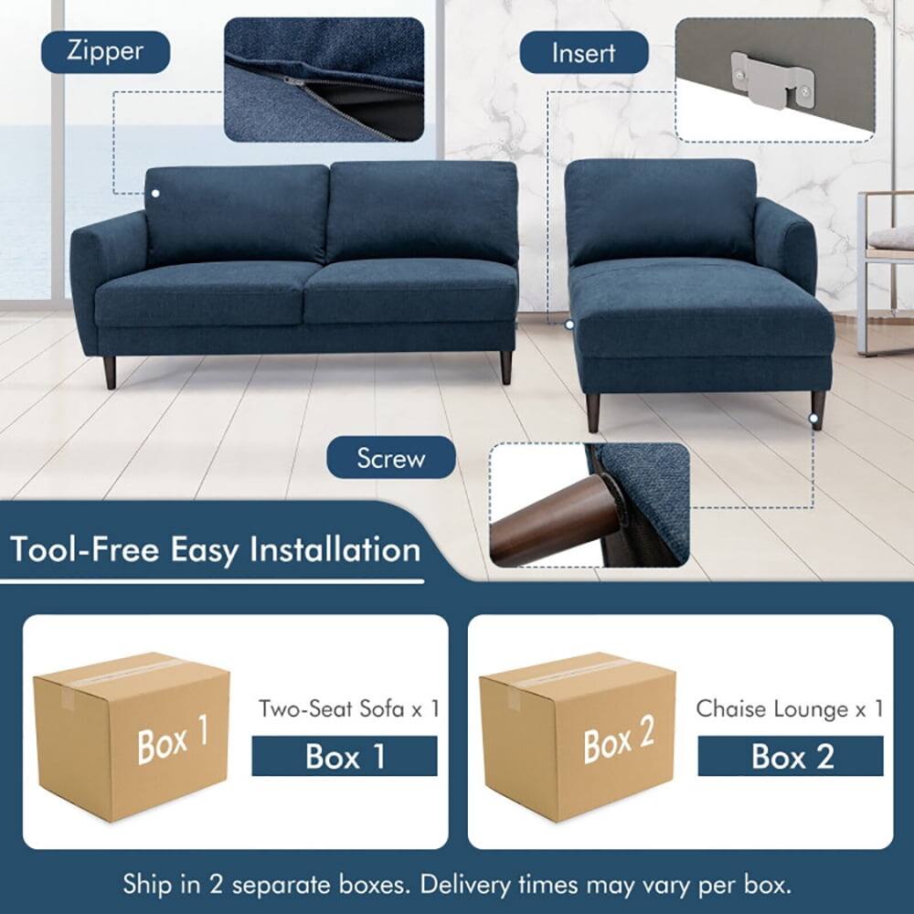 Zipper Insert Screw Tool-Free Easy Installation  
Box 1: Two-Seat Sofa x 1  
Box 2: Chaise Lounge x 1  
Ship in 2 separate boxes. Delivery times may vary per box.