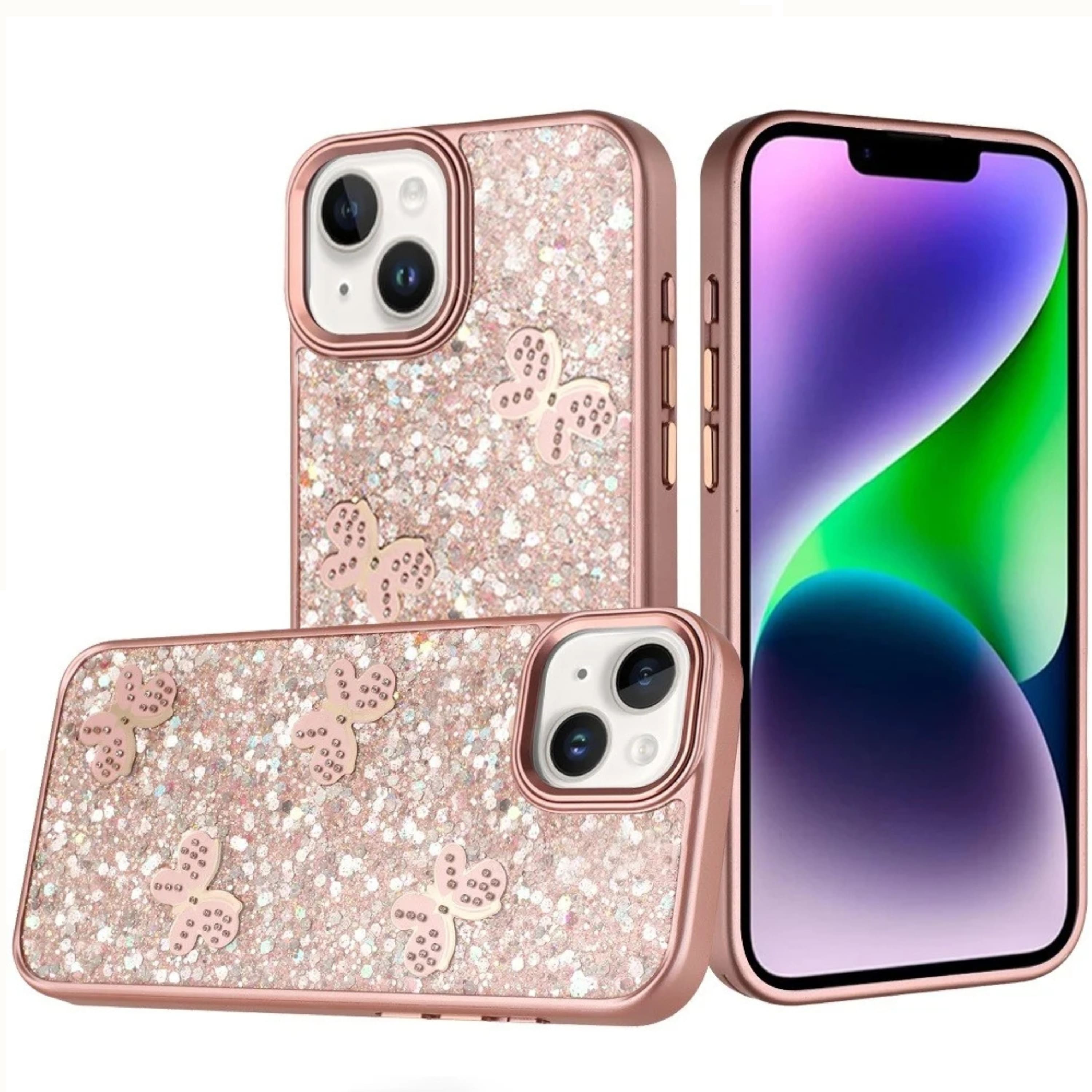 Kitcheniva - Cute Butterfly Glitter Protective Cover With Tempered Glass For iPhone 13 14 - Rose Gold price history on PriceWatchPro