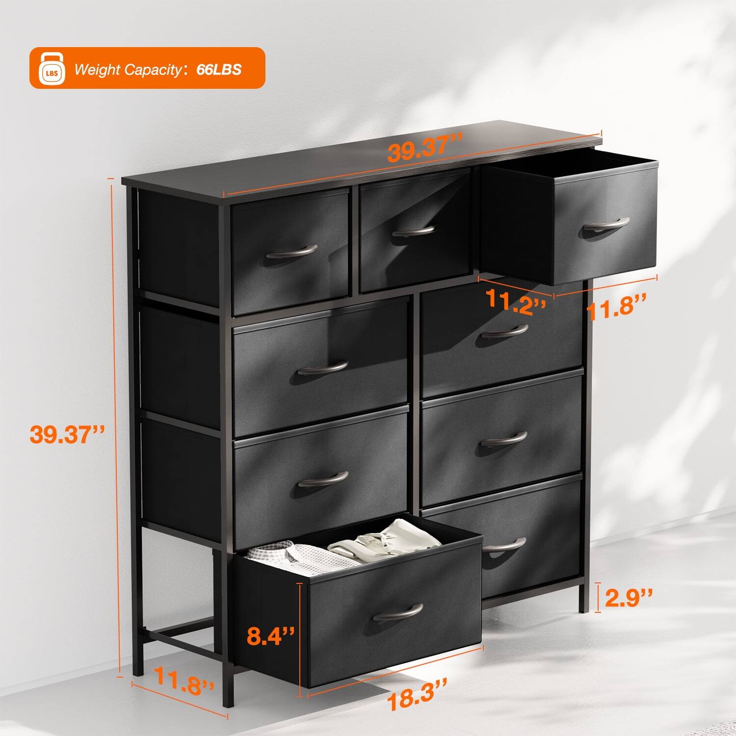 LBS Weight Capacity: 66LBS  
39.37" x 11.2" x 11.8" x 39.37" x 8.4" x 11.8" x 18.3" x 2.9"