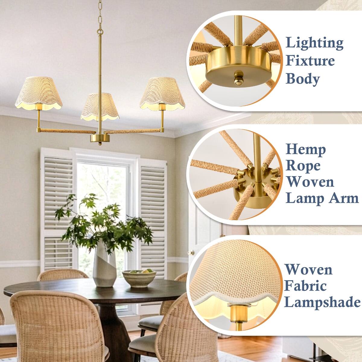 Lighting Fixture Body  
Hemp Rope Woven Lamp Arm  
Woven Fabric Lampshade