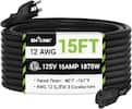 BN-LINK
15FT
12 AWG
125V 15AMP 1875W
Rated From: -40°F to 167°F
AWG 12 SJTW 3 Conductors