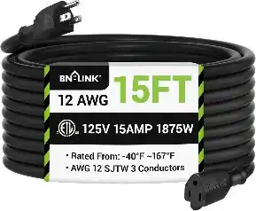 BN-LINK
15FT
12 AWG
125V 15AMP 1875W
Rated From: -40°F to 167°F
AWG 12 SJTW 3 Conductors