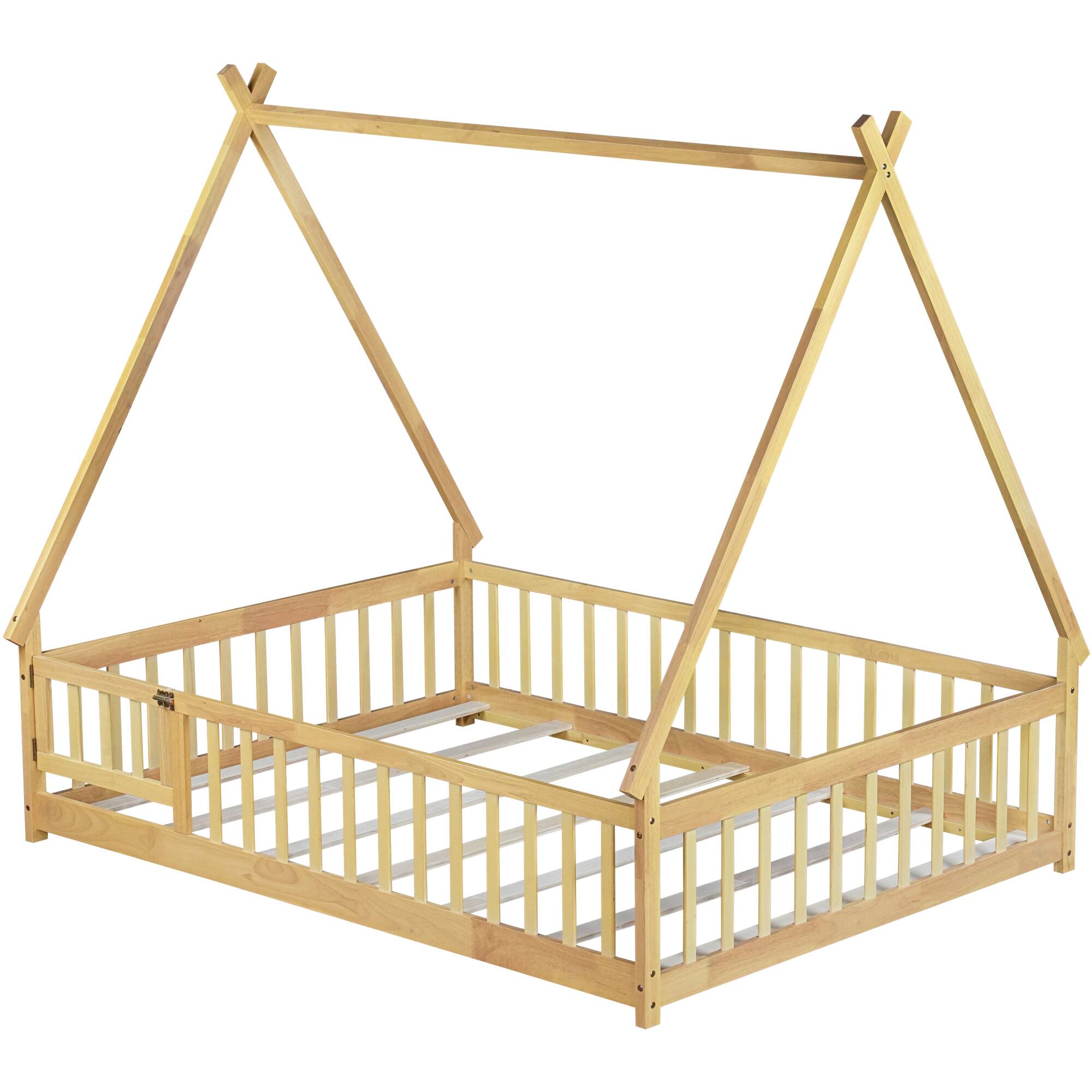 Alt View 6. GOODSILO - Full Size Tent-Shaped Wooden Floor Bed with Guardrails, Slats, and Entry Door - Natural.