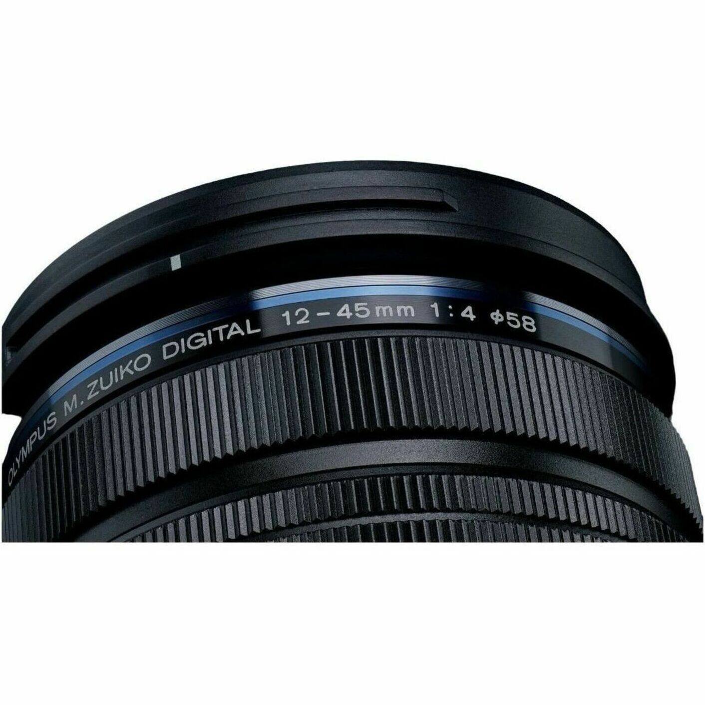 The text on the image reads: "12-45mm - 1:4 - 45mm - 1:4 - 58 - Digital - ZUIKO M. OLYMPUS."