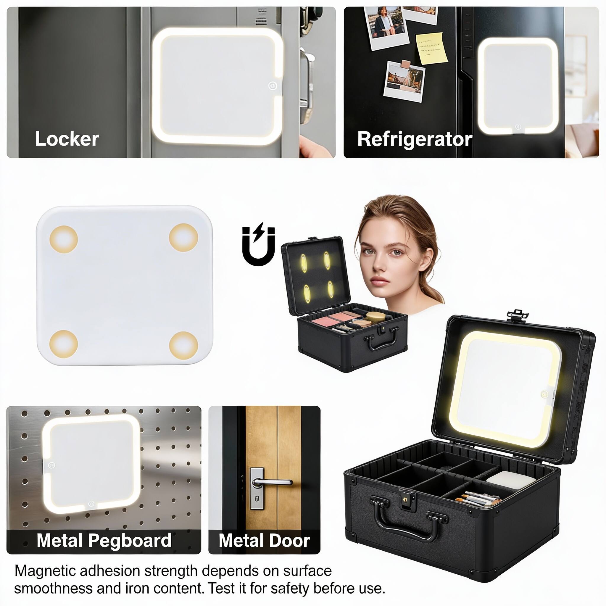 Locker  
Refrigerator  
Metal Pegboard  
Metal Door  

Magnetic adhesion strength depends on surface smoothness and iron content. Test it for safety before use.