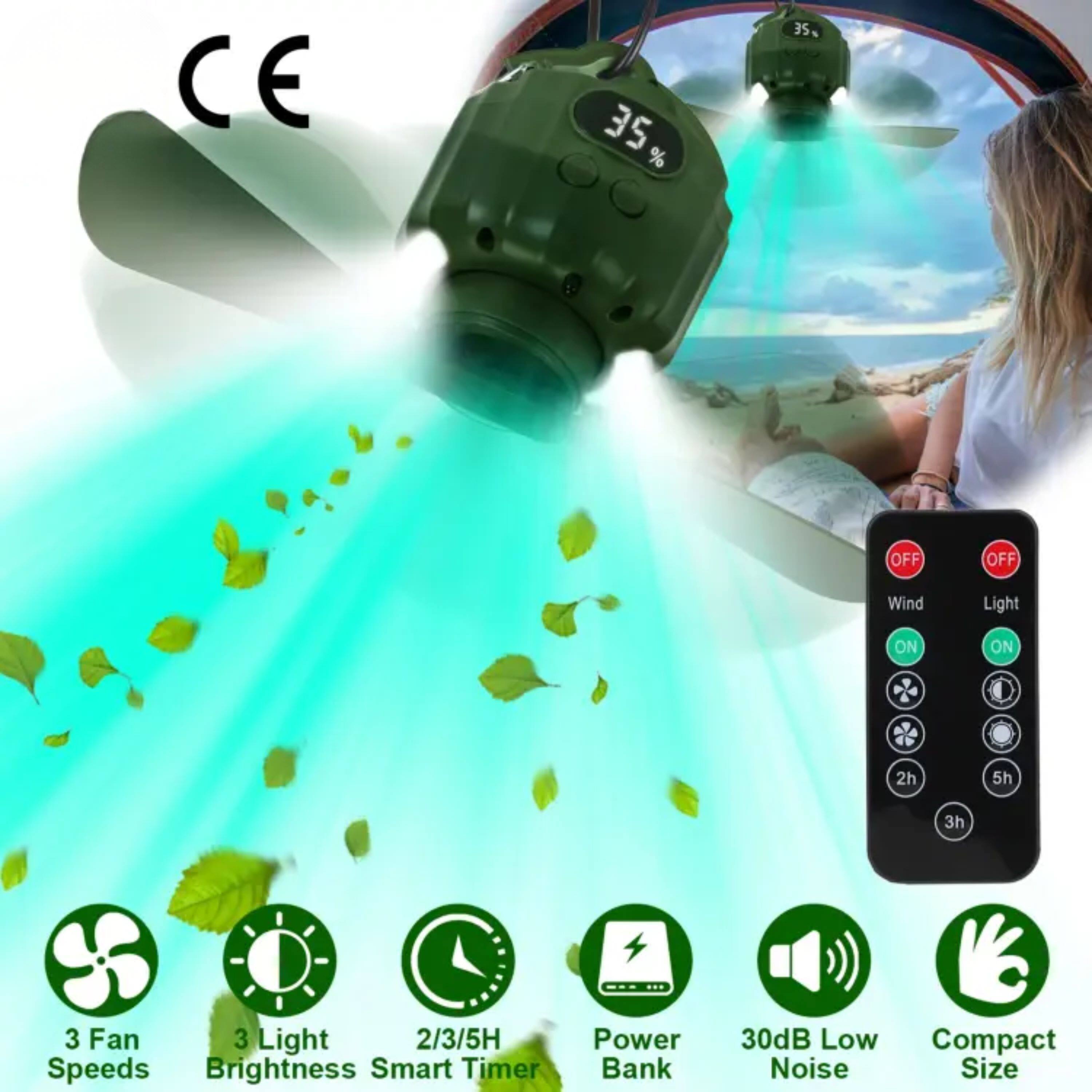 CE 35% OFF  
Wind Light ON  
2h 5h 3h  
3 Fan  
3 Light  
2/3/5H Speeds  
Brightness  
Smart Timer  
Power Bank  
30dB Low Noise  
Compact Size