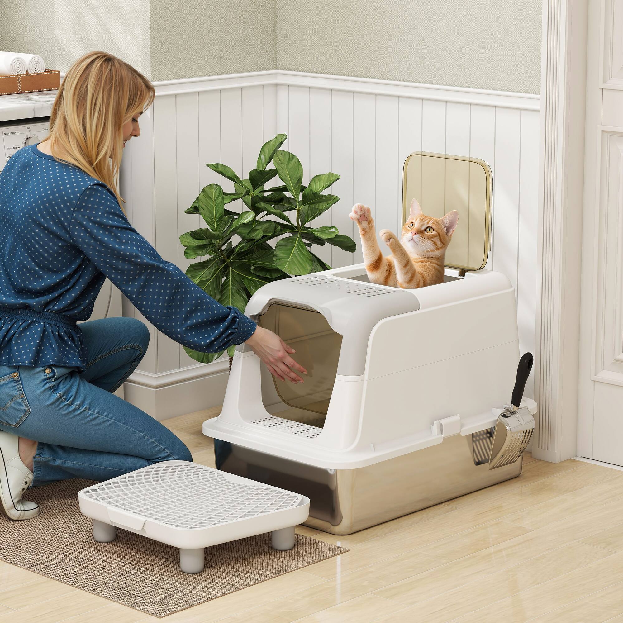 Angle. Pawhut - Stainless Steel Litter Box, Extra Large Enclosed Cat Litter Box w/Front-Entry, Top-Exit, Scoop, Deodorizer Bag - White.