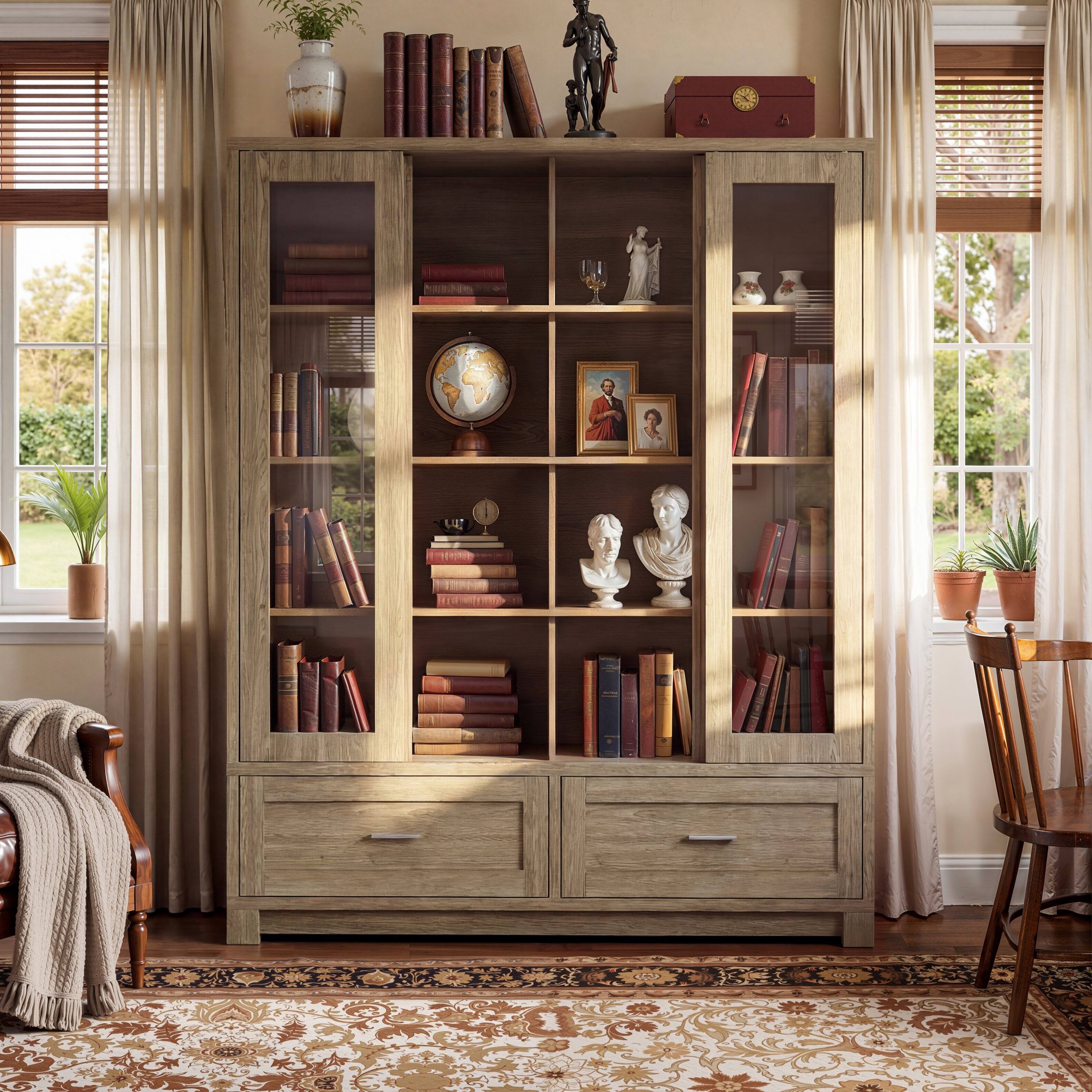 Left. Famapy - Glass Door Display Bookcase, Wood Grain Storage Cabinet with Fixed Shelves.