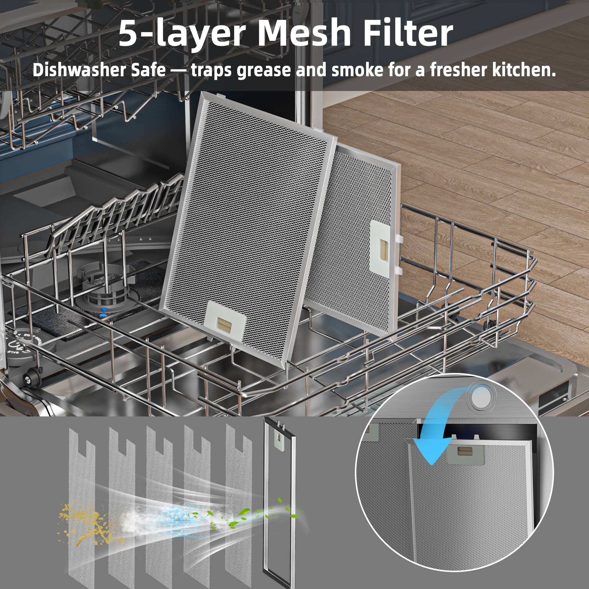 5-layer Mesh Filter  
Dishwasher Safe — traps grease and smoke for a fresher kitchen.