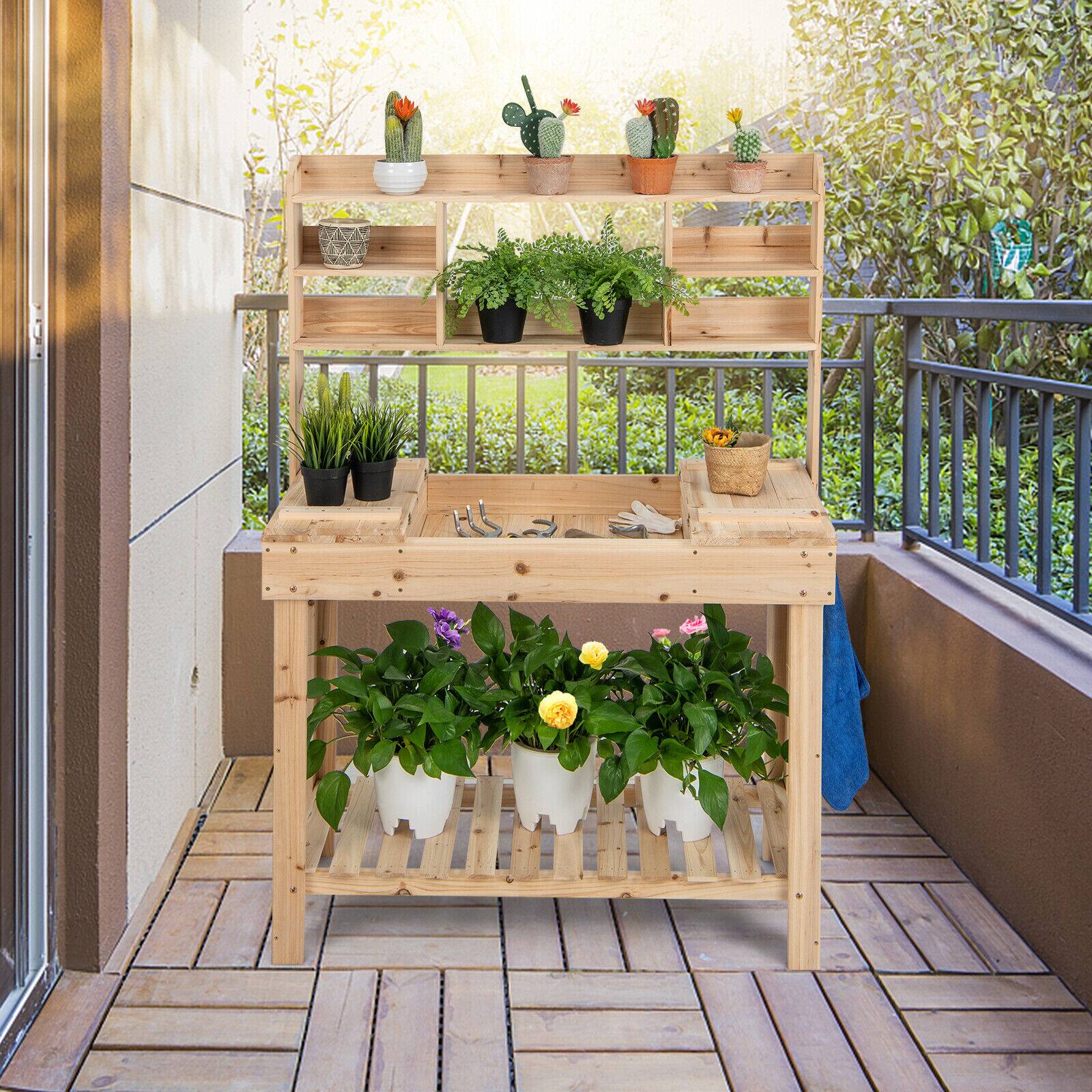 Angle. SlickBlue - Large Garden Potting Bench with Display Rack and Hidden Sink for Outdoor Use - Natural.