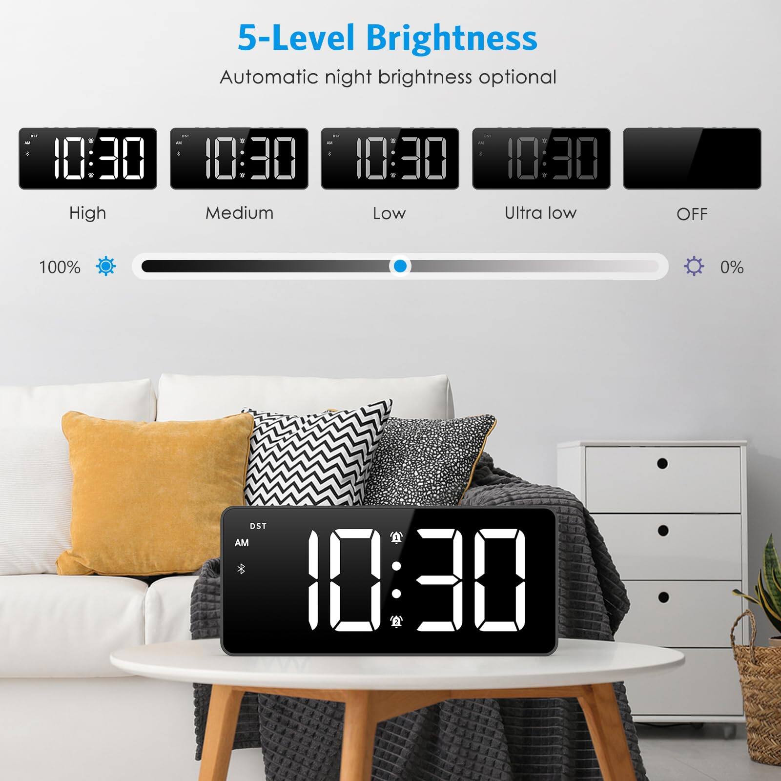 5-Level Brightness  
Automatic night brightness optional  

High - 100%  
Medium - 100%  
Low - 100%  
Ultra low - 100%  
OFF - 0%  

DST AM 10:30