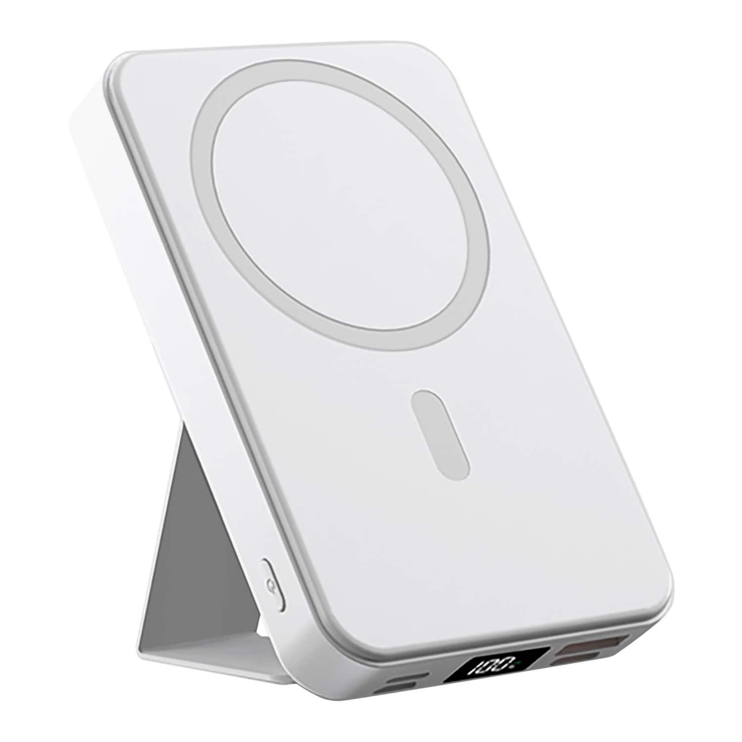 Alpha Digital - 10,000mAh Portable Magnetic Wireless Charge Power Bank with Phone Stand - White