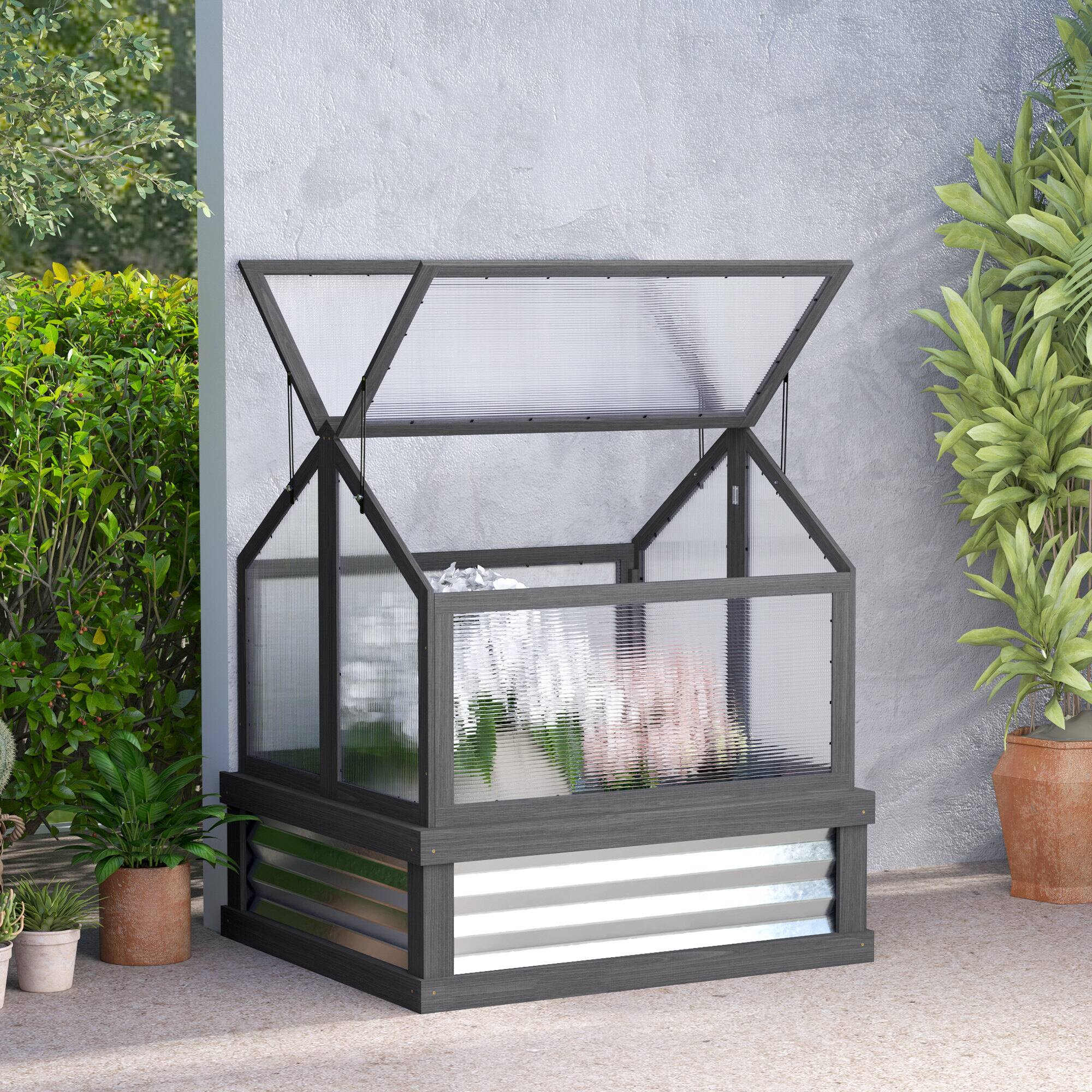Alt View 1. Outsunny - Raised Garden Flower Bed Kit with Greenhouse, Wooden Cold Frame Planter.